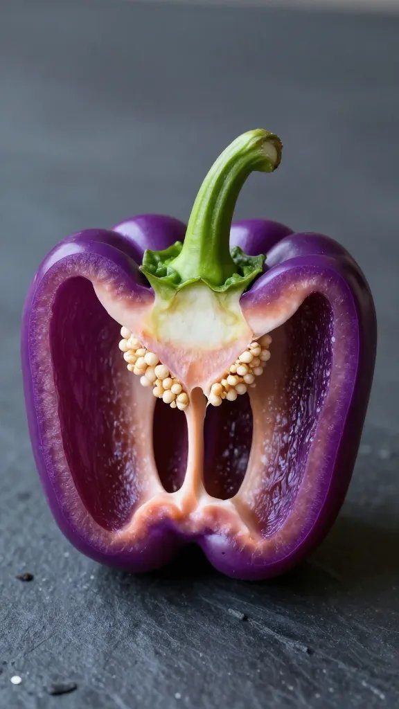 Purple Bell Pepper Recipes: Quick Crispy Dishes 5 Closeup of single purple bell pepper half with textured skin on dark slate background
