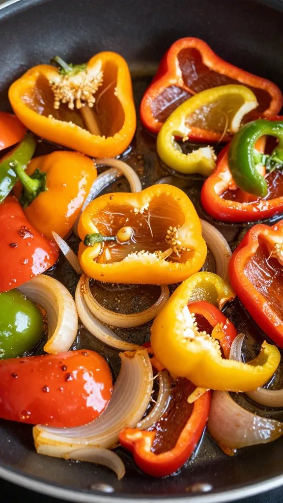 Pf Changs Pepper Steak Recipe: Weeknight Restaurant Stars 5 closeup of colorful bell peppers and onion caramelizing in pan