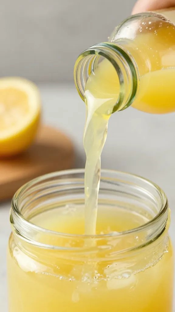 Peach Pepper Jam Recipe for Bold Toast Moments 5 Closeup of lemon juice bottle pouring into jam pot glaze