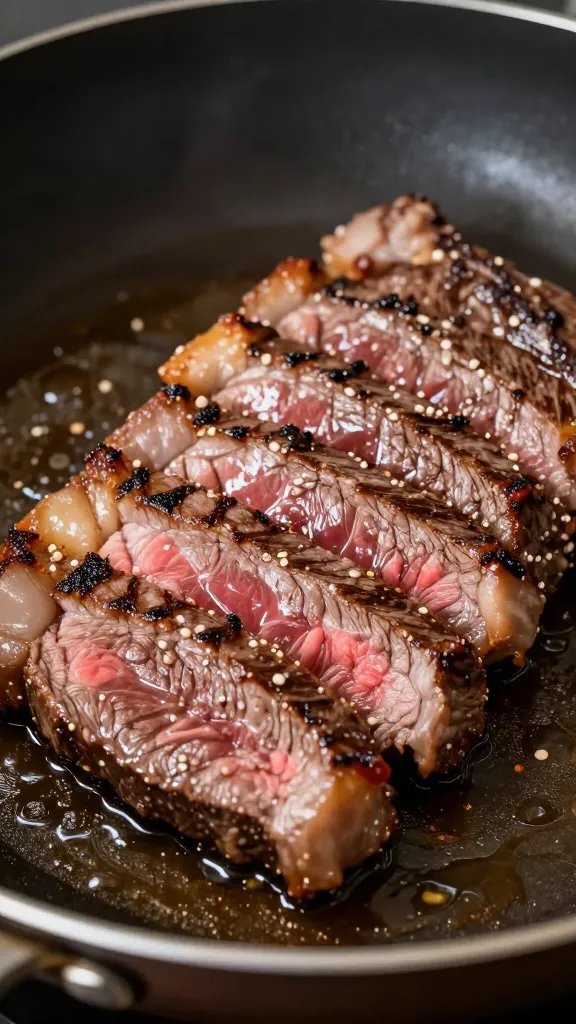 Kosher Pepper Steak Recipe: Weeknight Winner 3 Closeup of sliced flank steak sizzling in a hot pan