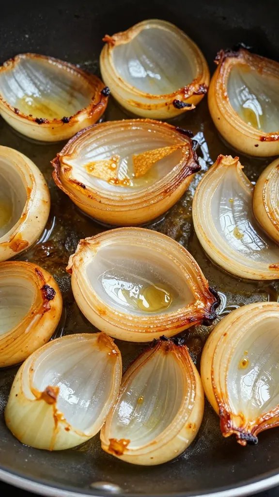 Kosher Pepper Steak Recipe: Weeknight Winner 5 Closeup of caramelized onion slices in a skillet with oil sheen