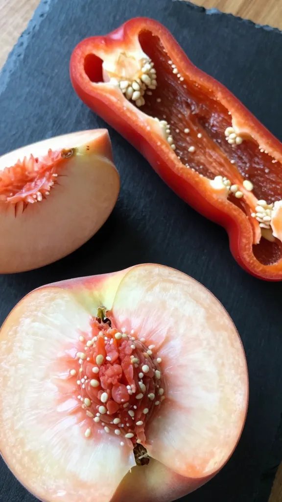 Ghost Pepper Jam Recipe: Sweet Heat Masterpiece 4 Closeup peach halves next to ghost pepper slice on dark board