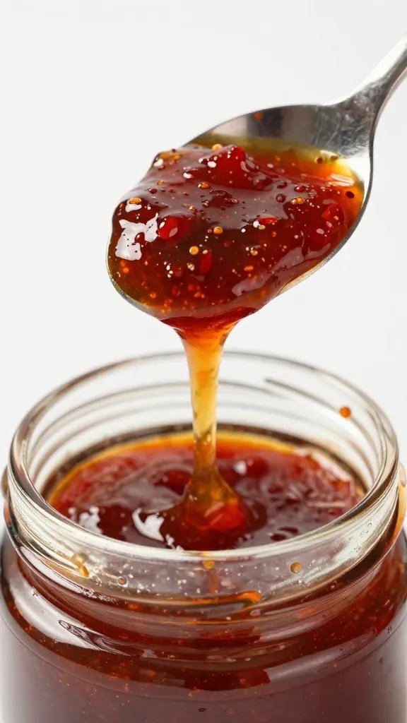 Ghost Pepper Jam Recipe: Sweet Heat Masterpiece 5 Closeup spoon dripping ghost pepper jam over glossy glass jar lid
