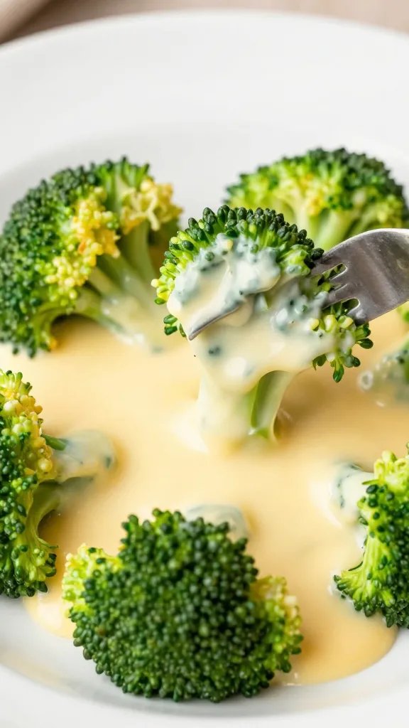 Chickie and Petes Cheese Sauce Recipe: Game Night Mvp 5 closeup of broccoli florets dipped in velvety cheese sauce on white plate