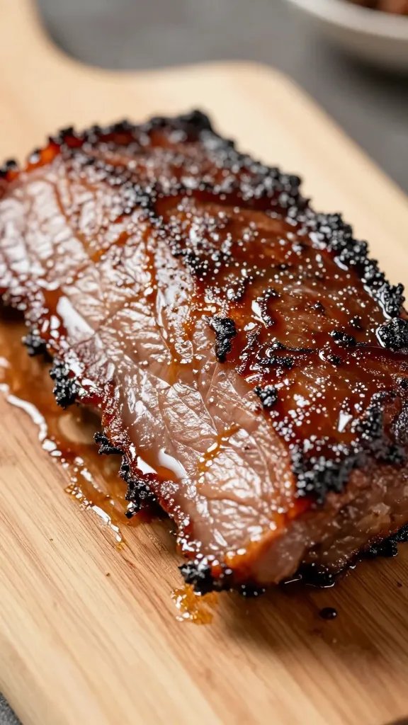 Goldee'S Brisket Rub Recipe: Knockout Flavor Masterclass 5 Glaze glossy sheen on brisket edge, focused shot only on crust