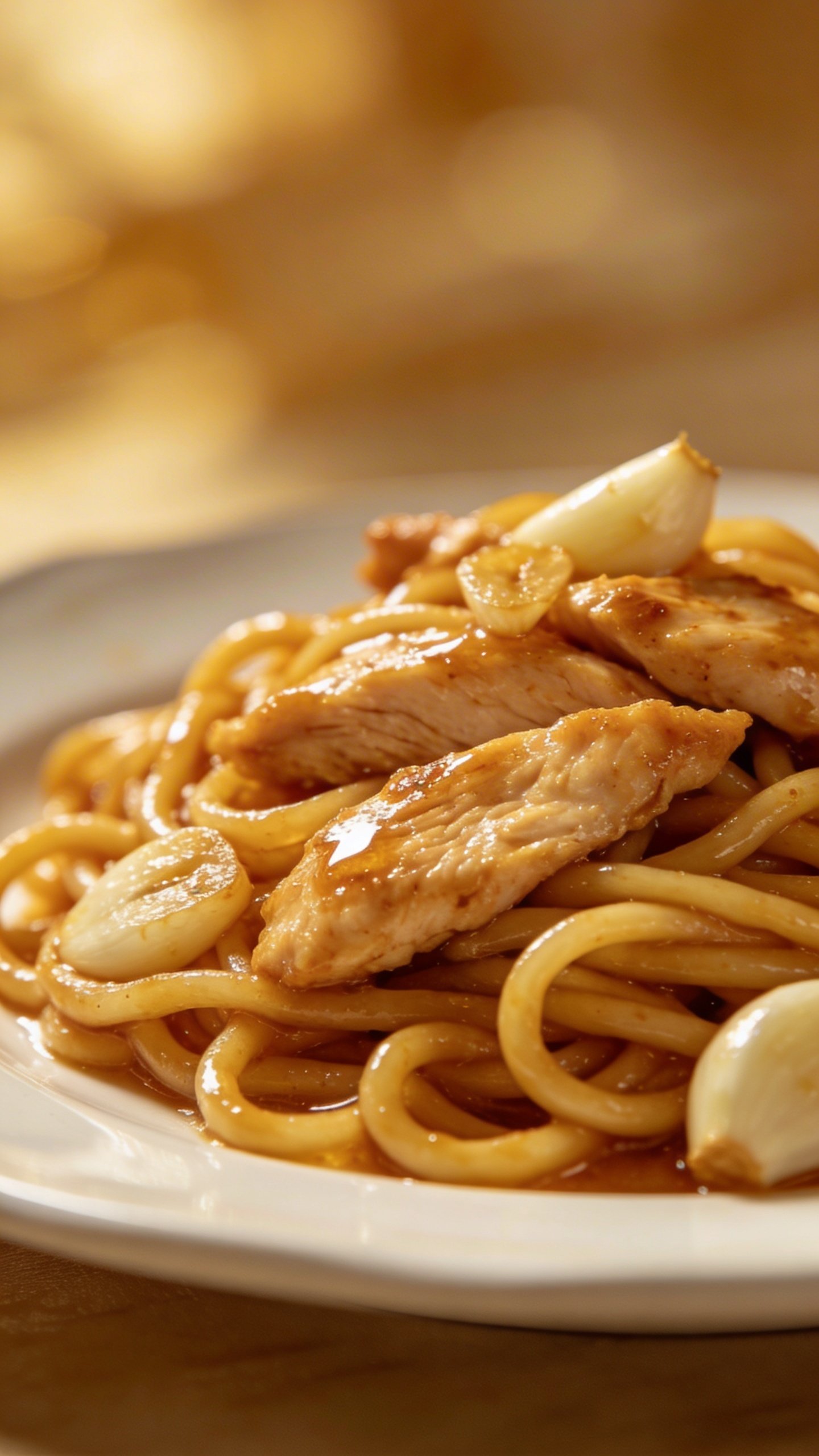 Sticky Garlic Chicken Noodles: Weeknight Wow 3 closeup of glossy garlic chicken noodles on white plate