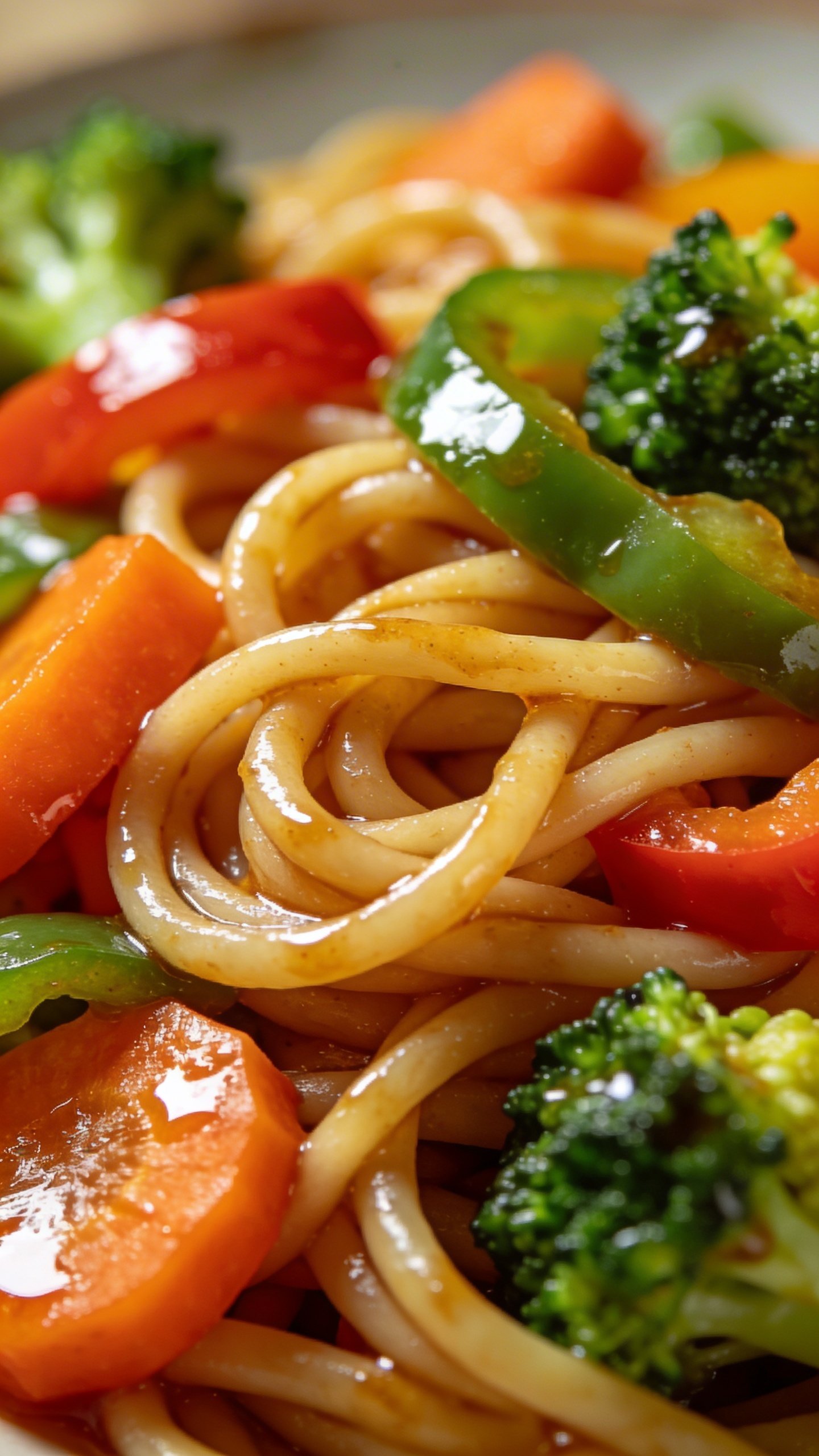 Sticky Garlic Chicken Noodles: Weeknight Wow 5 closeup of vibrant mixed vegetables and noodles twirling in glaze
