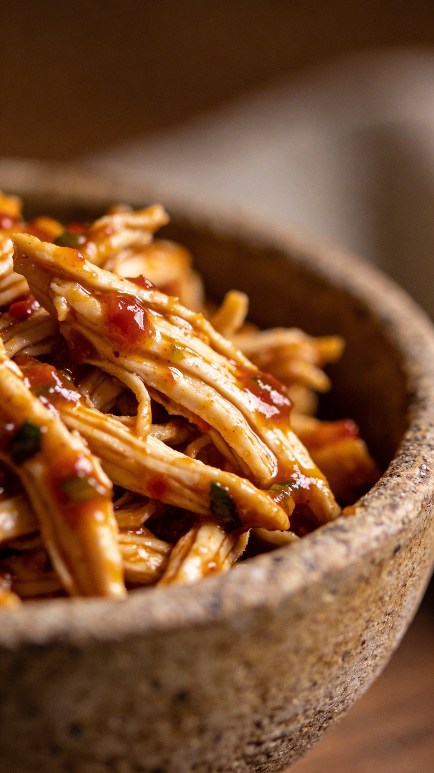 Mexican Pulled Chicken: Weeknight Flavor Boom 5 closeup of glossy salsa glaze coating shredded chicken in a rustic bowl