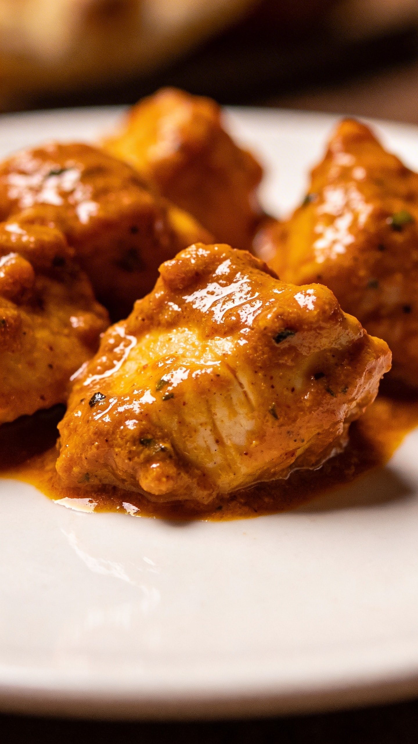 Irresistible Chicken Tikka Masala in 30 Minutes 3 Closeup of glossy chicken tikka masala pieces on a white plate