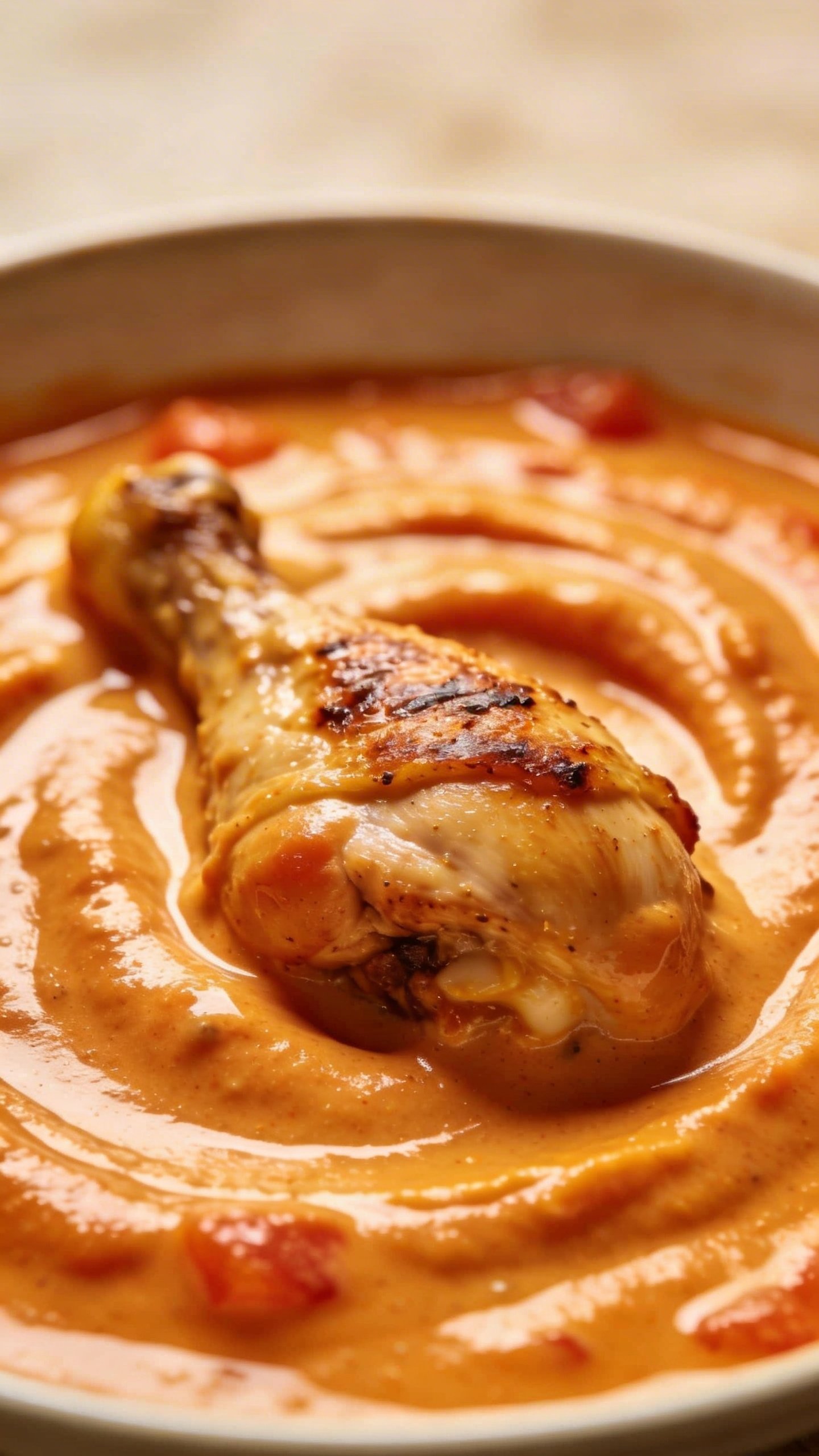Irresistible Chicken Tikka Masala in 30 Minutes 4 Closeup of velvety tomato-cream sauce swirling around chicken thigh