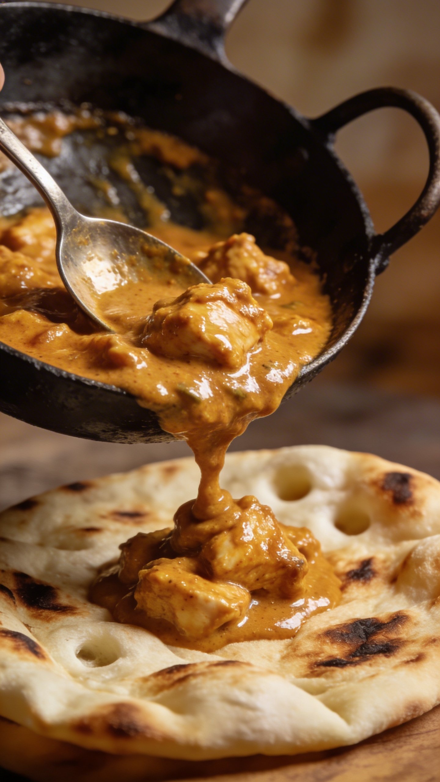 Irresistible Butter Chicken Recipe for Weeknights 3 closeup of butter chicken being spooned from pan onto a warm naan