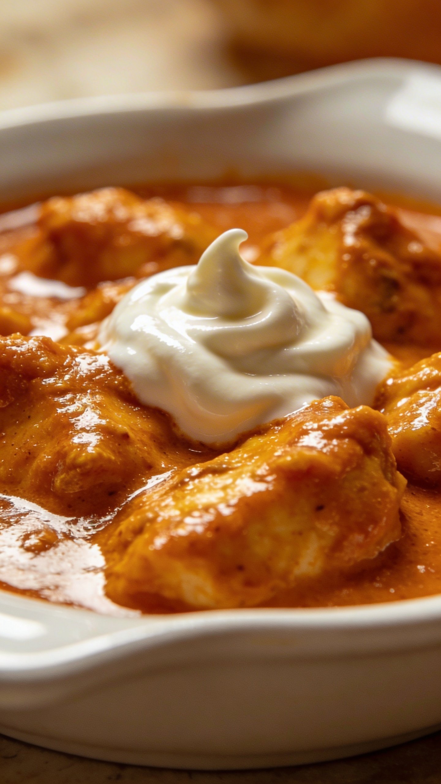 Irresistible Butter Chicken Recipe for Weeknights 5 closeup of a glossy butter chicken plate with a dollop of cream garnish