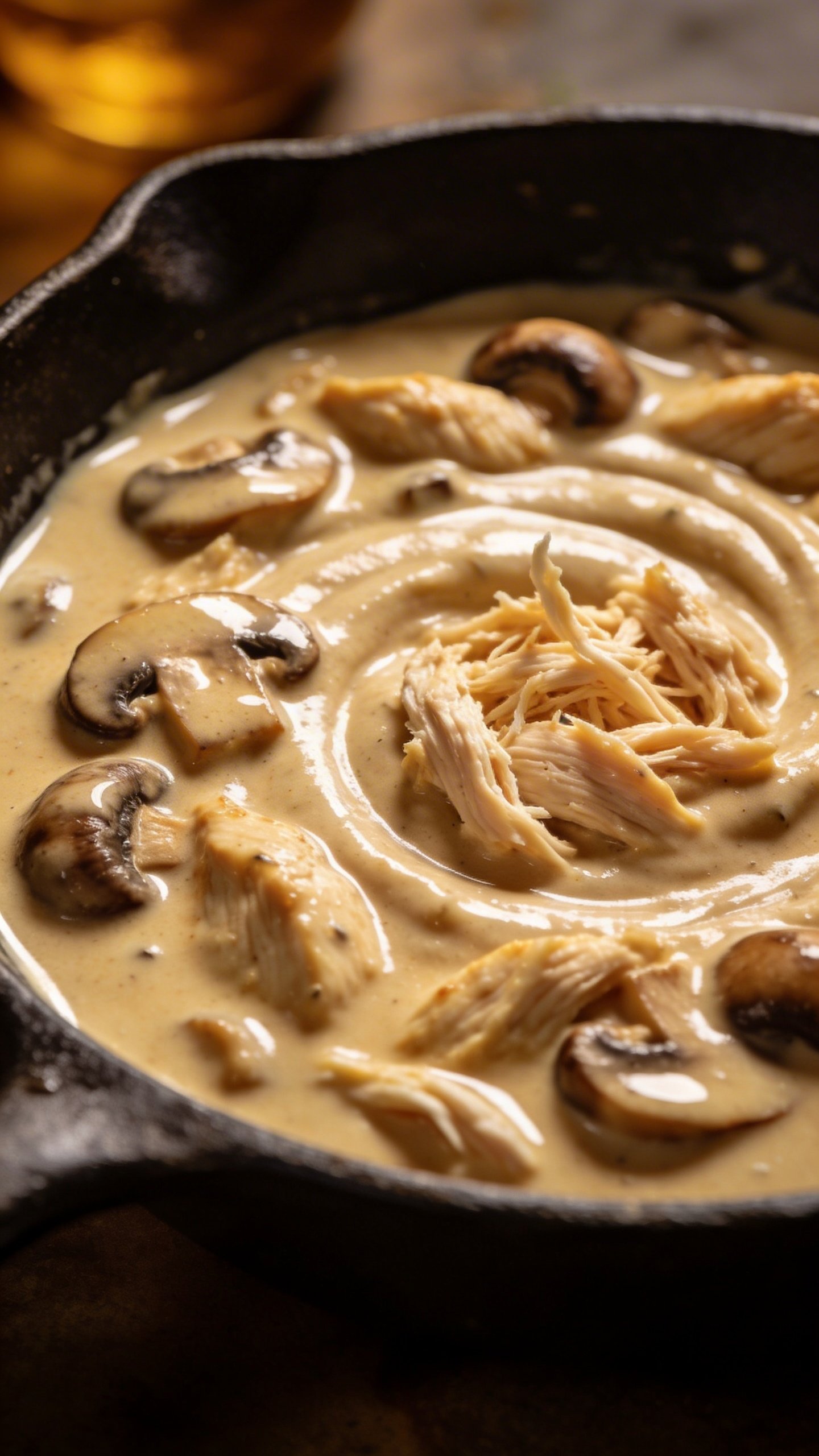 Creamy Mushroom Chicken: Weeknight Comfort in 20 Minutes 3 Closeup of creamy mushroom chicken sauce swirl in skillet