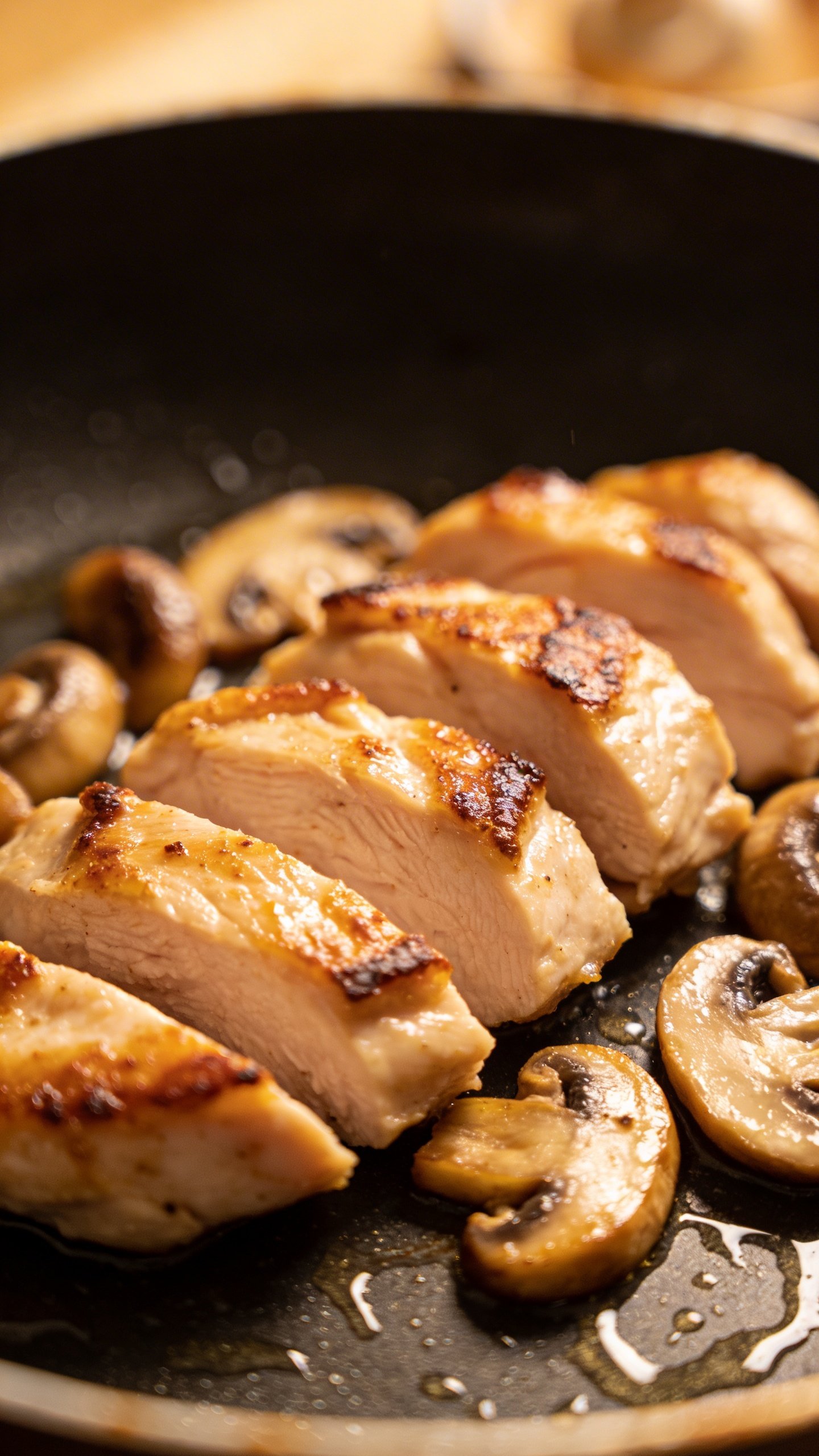 Creamy Mushroom Chicken: Weeknight Comfort in 20 Minutes 4 Closeup of sliced chicken thigh with mushrooms on sauté pan