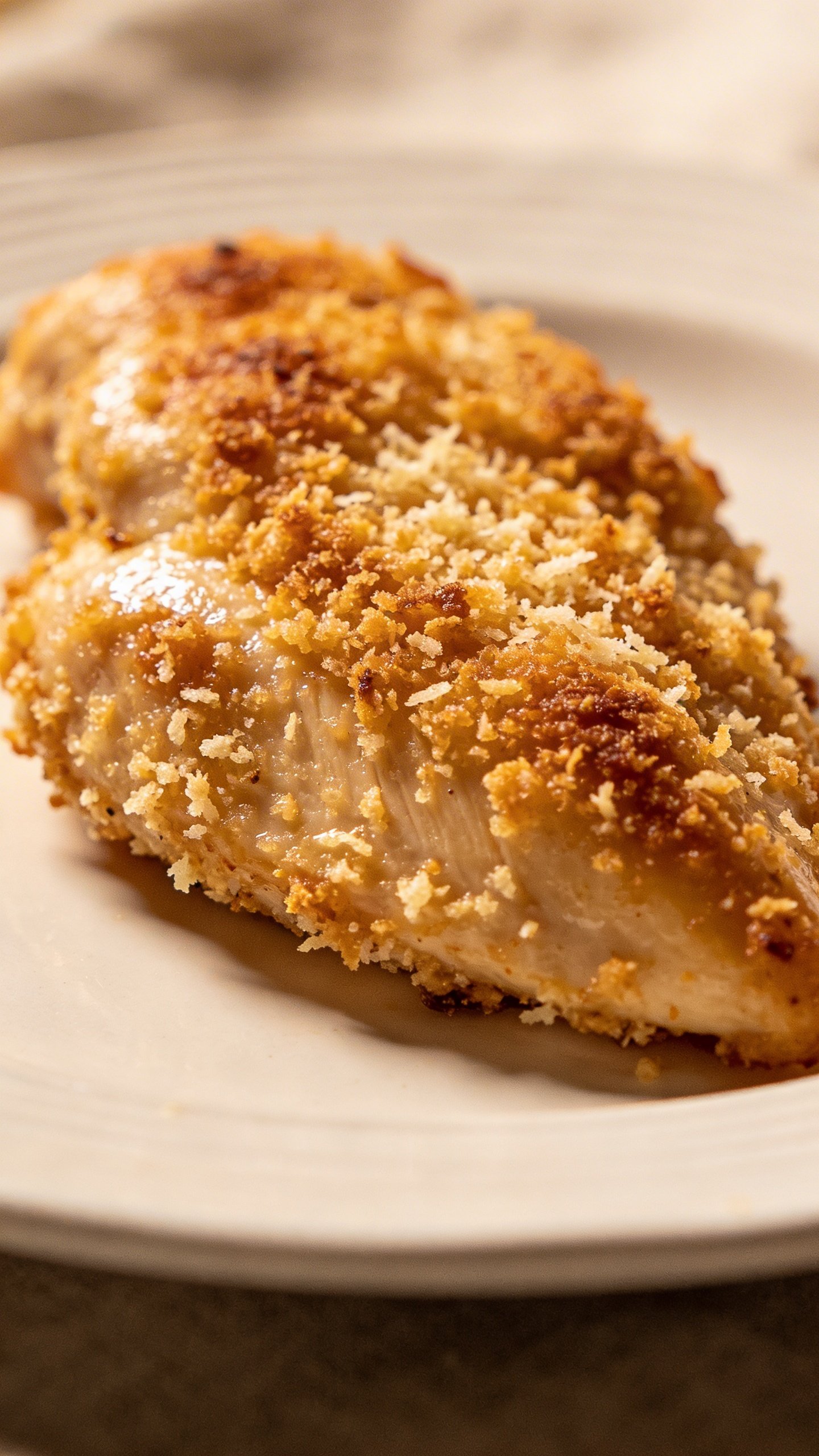 Parmesan Crusted Chicken: Crispy Cheesy Fix 3 Closeup of Parmesan-crusted chicken breast on a white plate