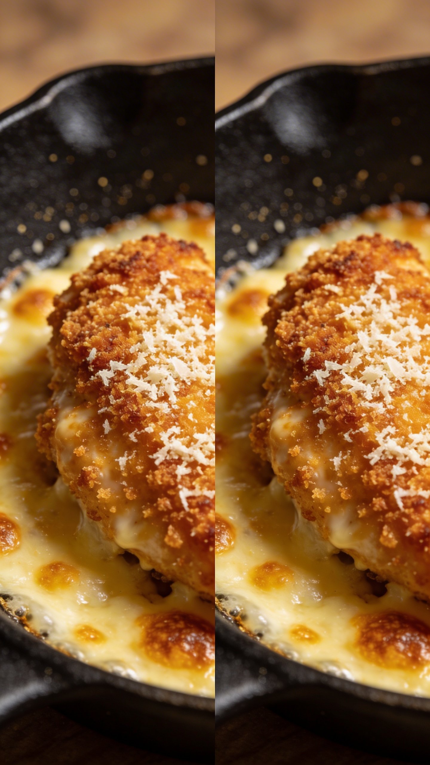 Parmesan Crusted Chicken: Crispy Cheesy Fix 5 Side-by-side closeup: skillet with Parmesan crusted chicken and melted cheese edge