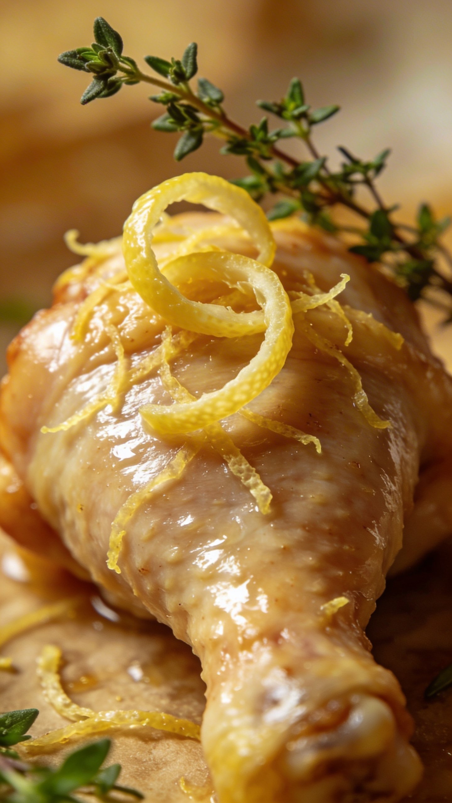 Roasted Garlic Chicken: Weeknight Comfort in One Pan 5 closeup of lemon zest twist resting on a single chicken thigh, thyme sprig backdrop