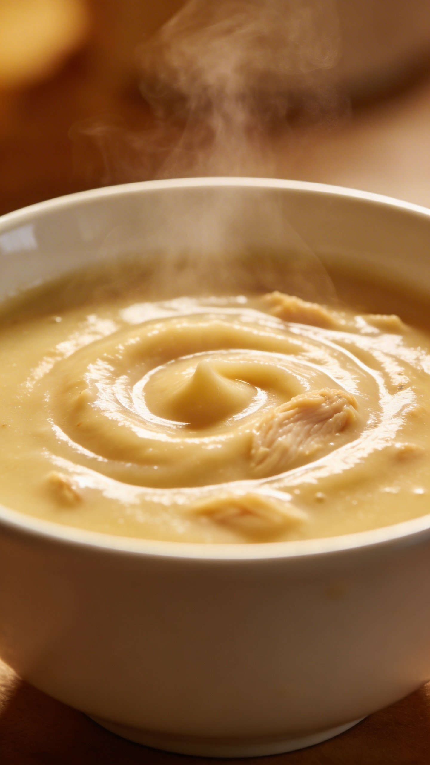 Creamy Chicken Soup Recipe: Cozy Weeknight Wonder 3 closeup of creamy chicken soup swirl in white bowl