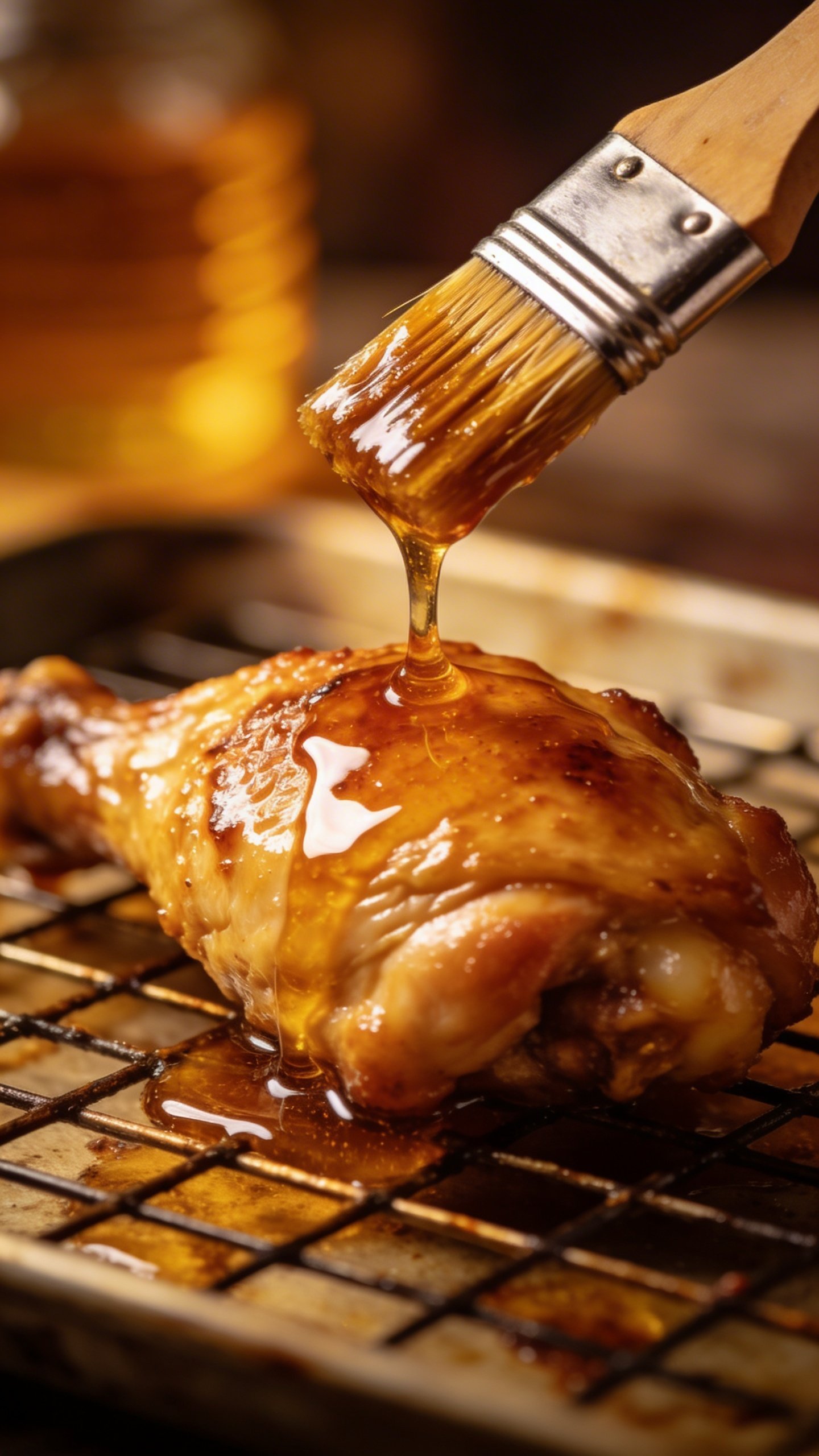 Crispy Honey Chicken: Weeknight Wow Factor 4 closeup of honey glaze being brushed onto single chicken piece