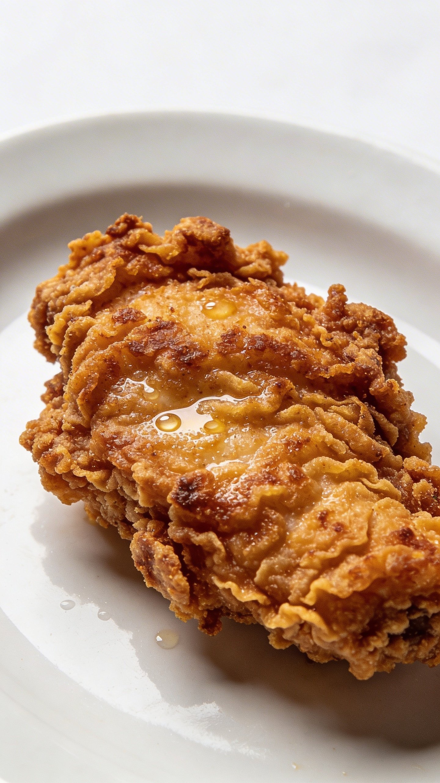 Crispy Honey Chicken: Weeknight Wow Factor 5 closeup of fried chicken crust texture on a single piece on white plate