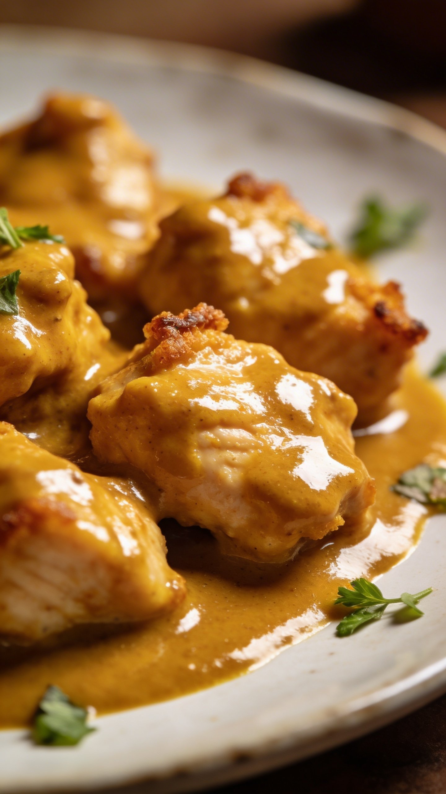 Coconut Chicken Curry: Weeknight Wow Factor 4 closeup of glossy curry sauce coating chicken bites on plate