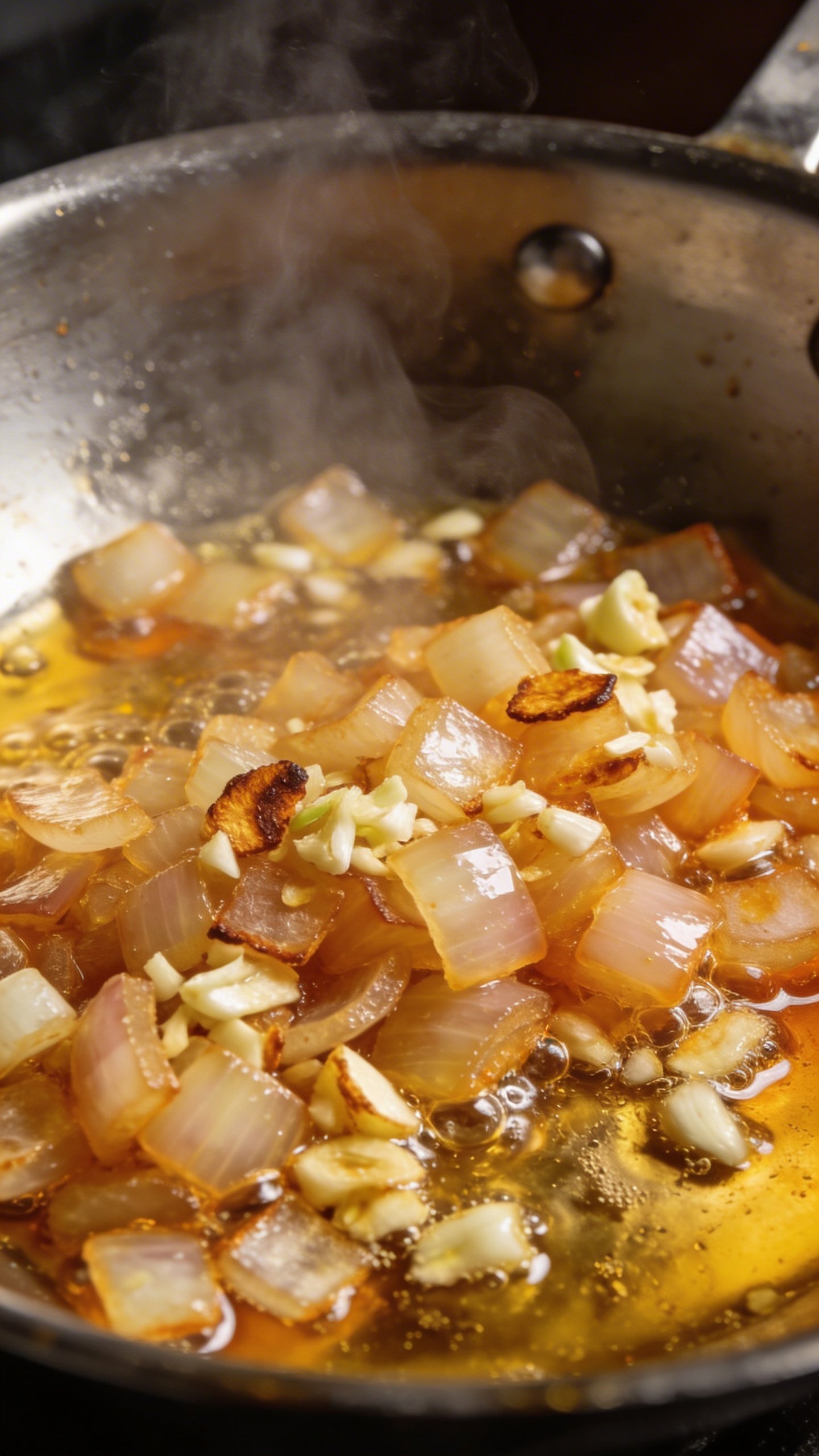 Coconut Chicken Curry: Weeknight Wow Factor 5 closeup of diced onion and garlic sizzling in pan with oil