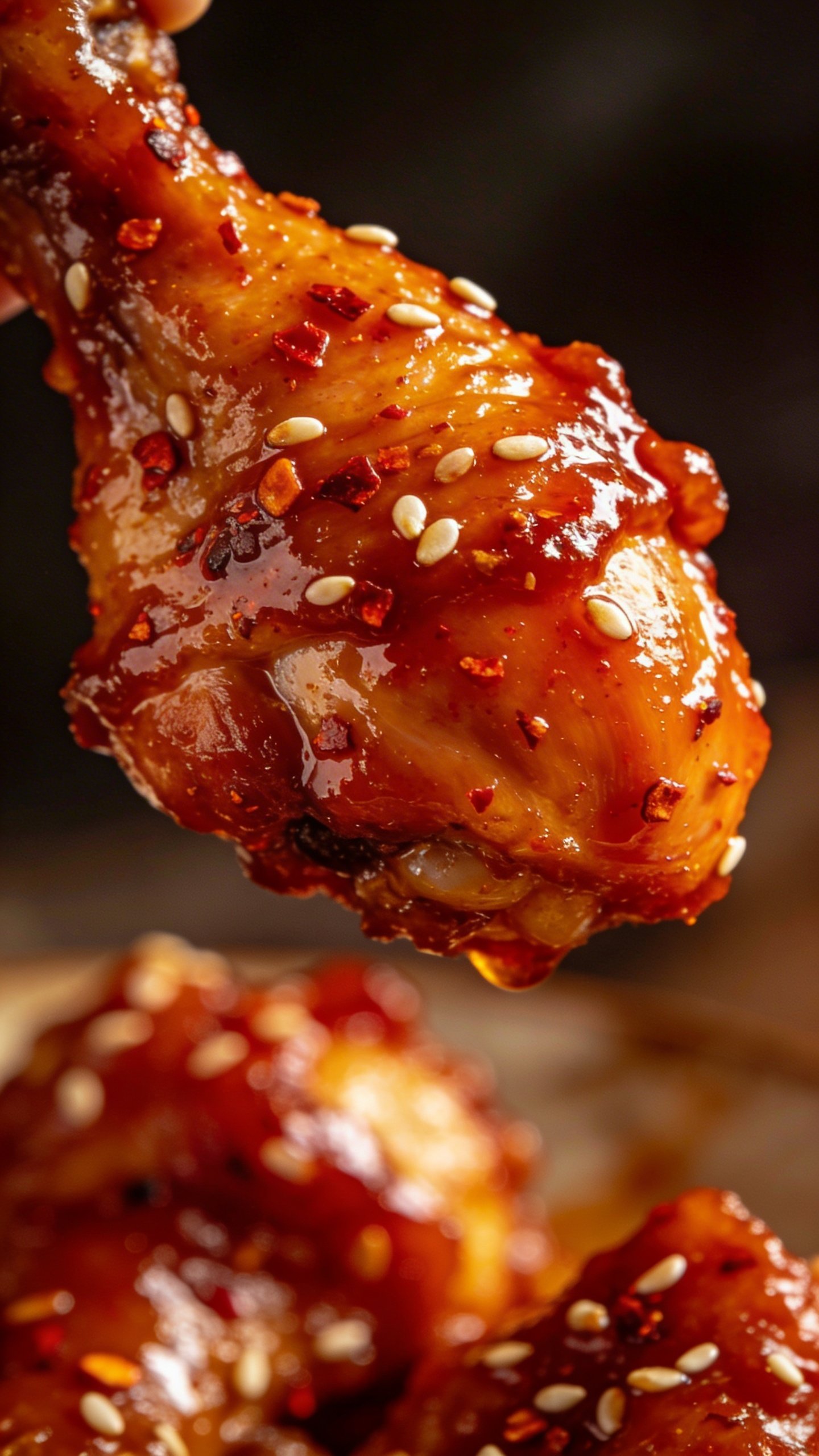Spicy Korean Chicken: Fire-Kissed Crunch You’Ll Crave 3 Closeup of glossy spicy Korean chicken thigh glaze on single bite