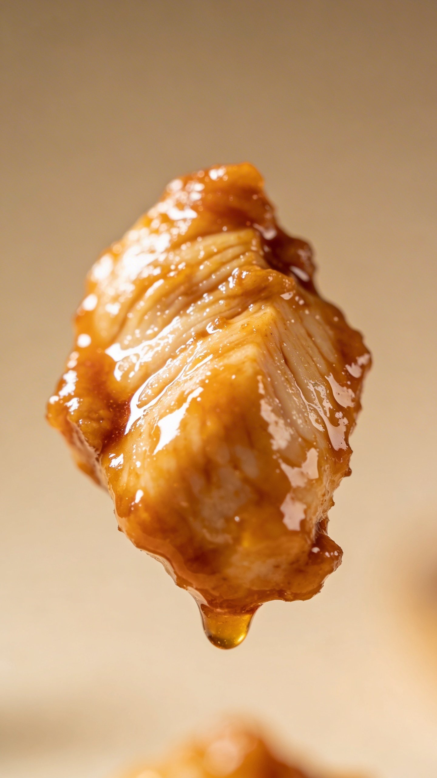 Spicy Korean Chicken: Fire-Kissed Crunch You’Ll Crave 5 Closeup of sticky glaze clinging to lone chicken boneless bite piece