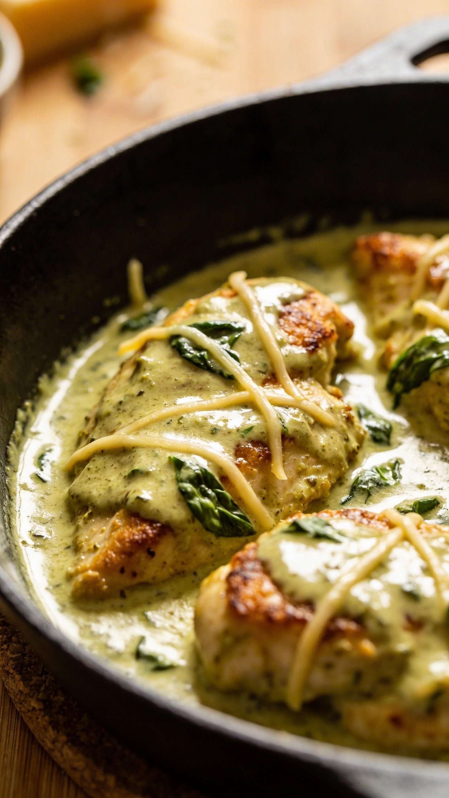 Creamy Pesto Chicken: 30-Min Skillet Wonder 3 closeup of creamy pesto chicken in skillet with glossy sauce