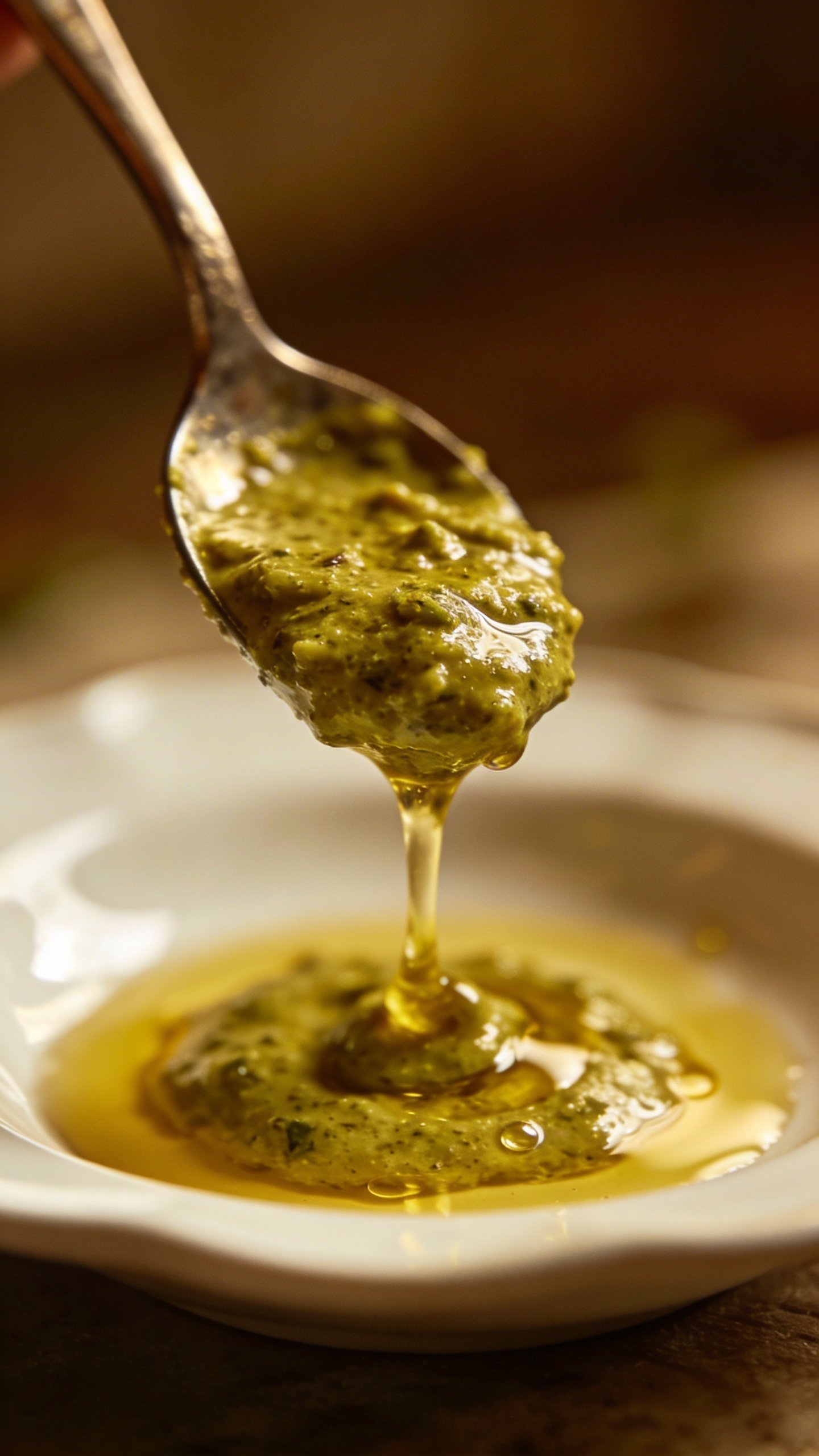 Creamy Pesto Chicken: 30-Min Skillet Wonder 5 closeup of spoon lifting creamy pesto sauce from plate