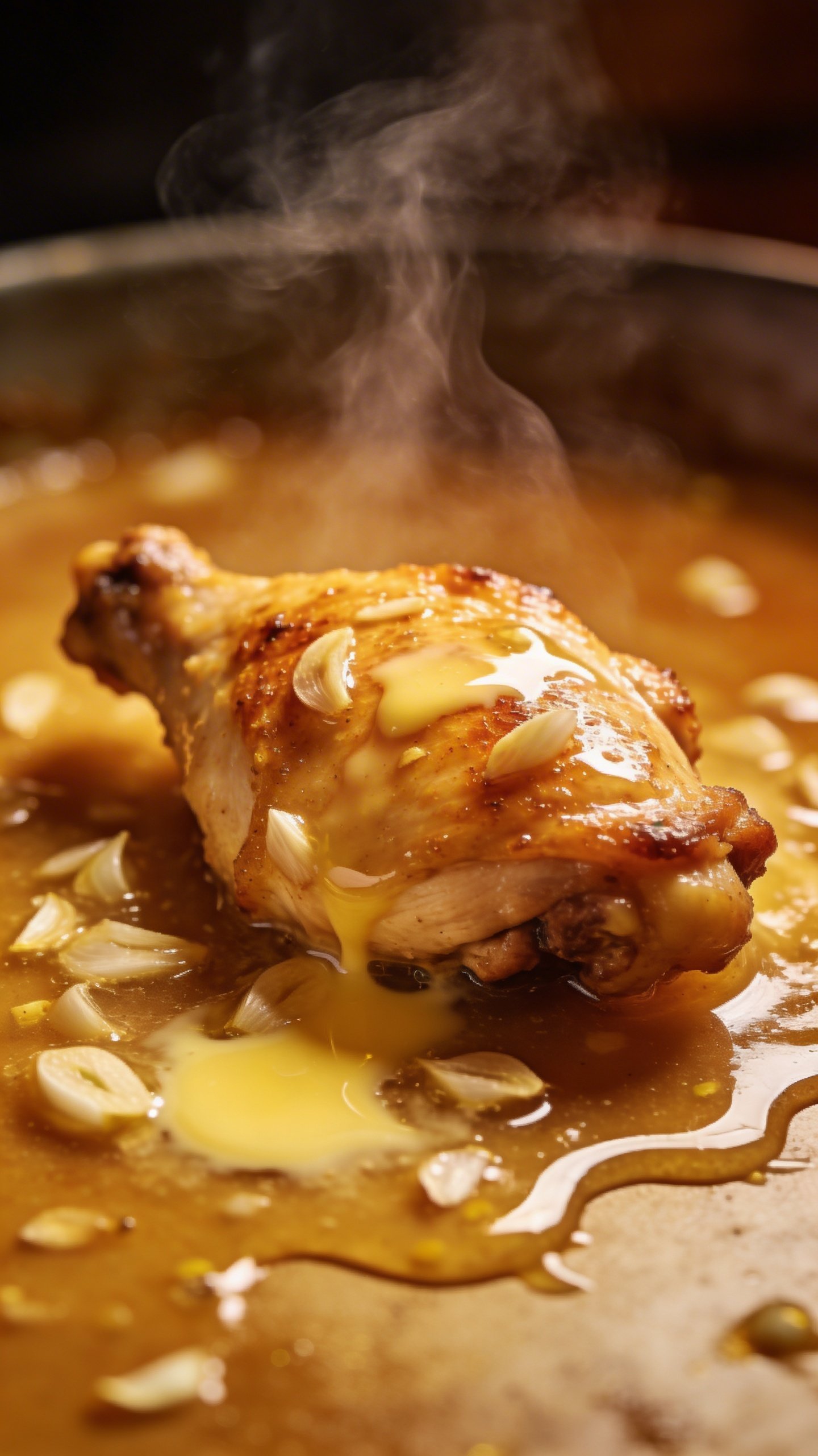 Garlic Butter Chicken: Weeknight Wow in One Pan 4 Closeup of sizzling garlic butter sauce over single chicken piece
