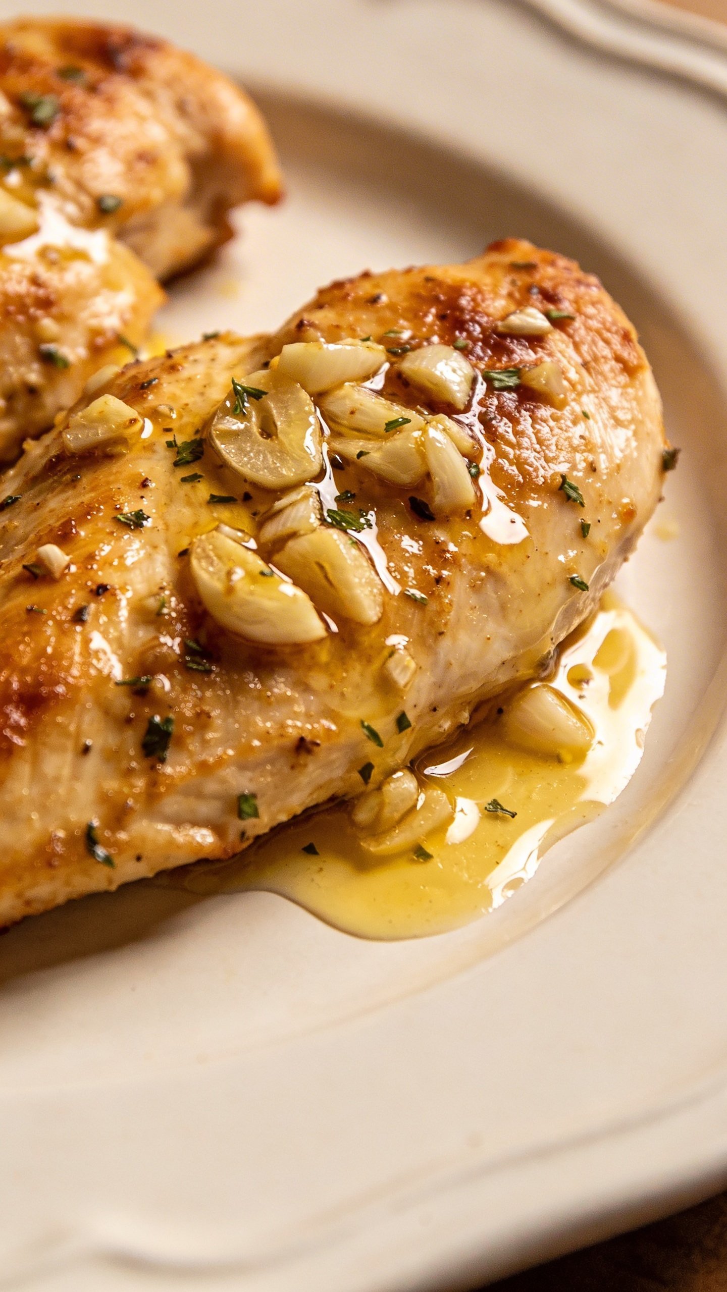 Garlic Butter Chicken: Weeknight Wow in One Pan 5 Studio shot of plated garlic butter chicken fillet with melted butter sheen