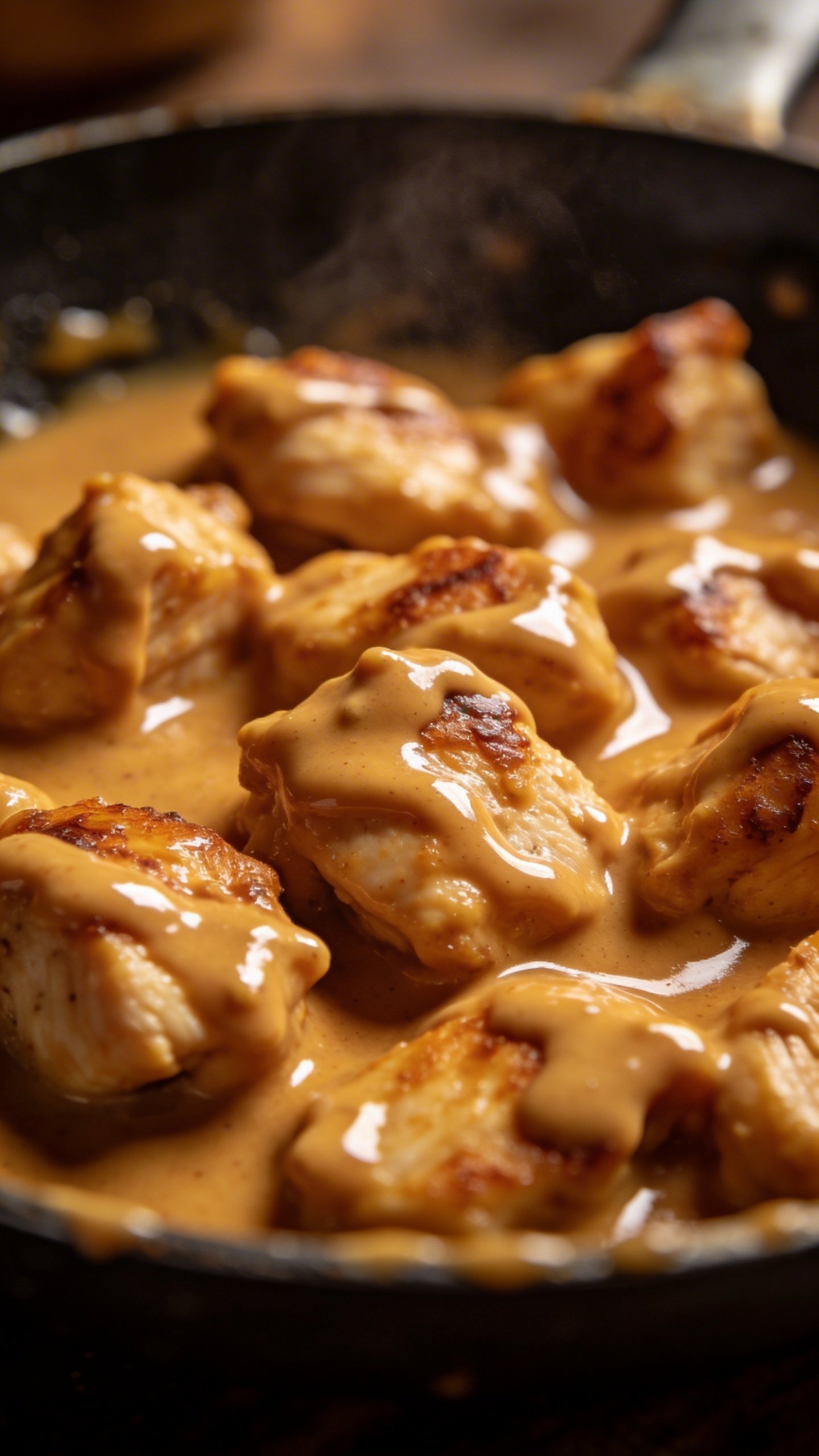 Thai Peanut Chicken: Quick, Sassy Weeknight Dinner 3 Closeup of glossy Thai peanut sauce coating chicken bites in a skillet