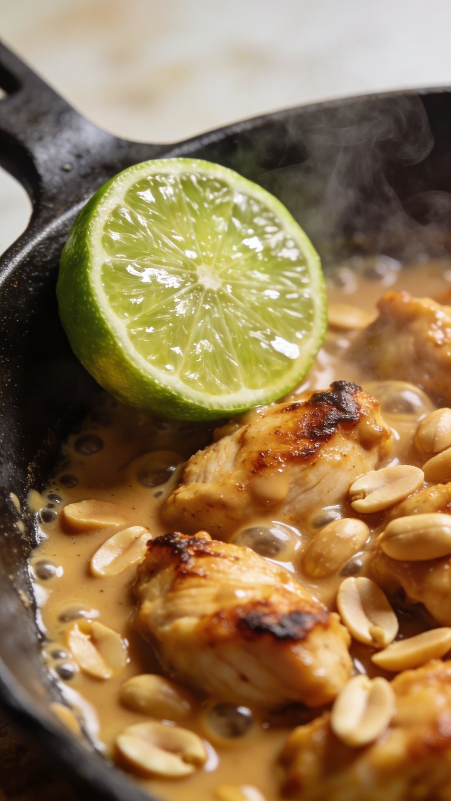 Thai Peanut Chicken: Quick, Sassy Weeknight Dinner 4 Closeup of lime wedge resting beside sizzling peanut chicken skillet