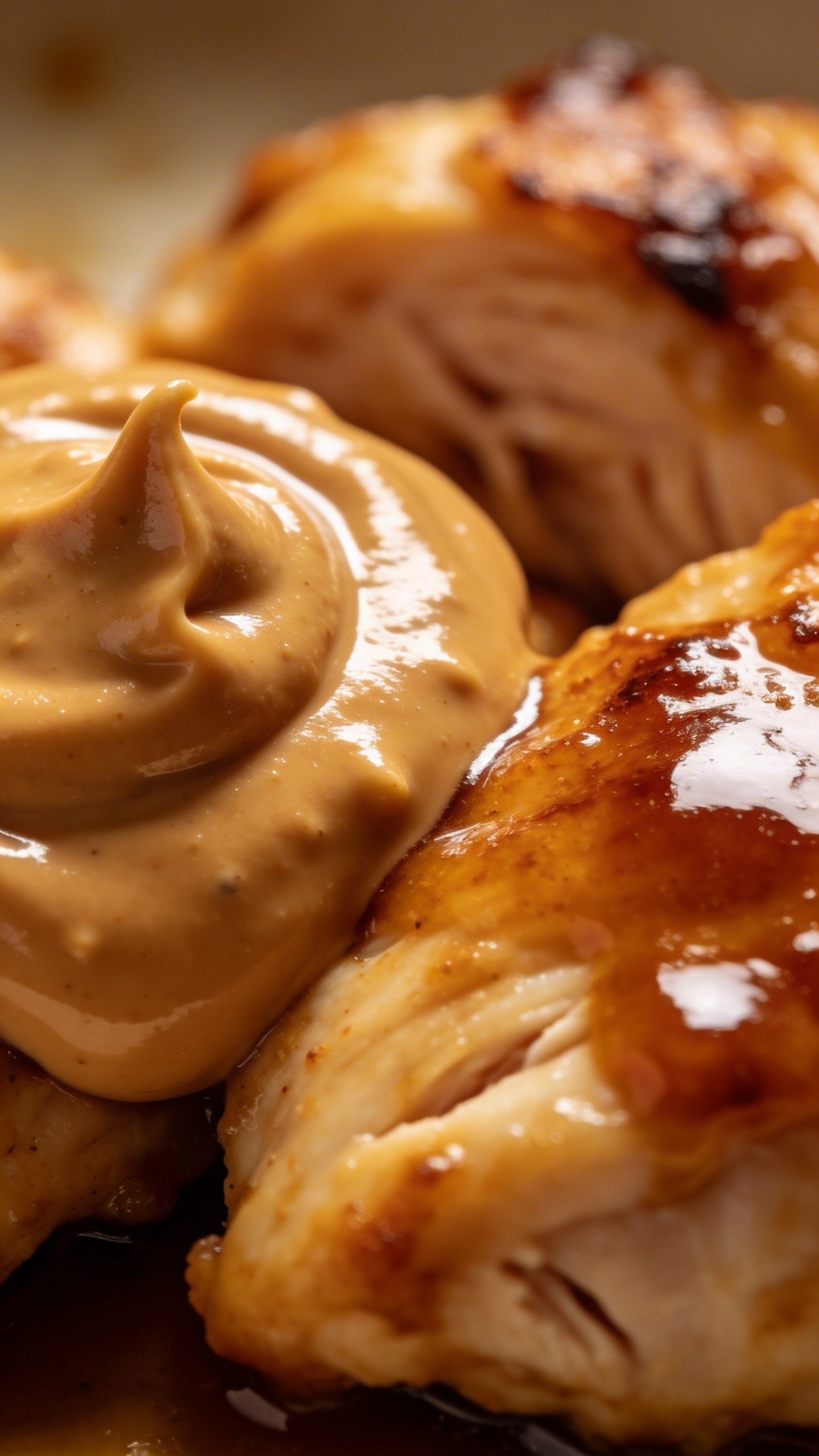 Thai Peanut Chicken: Quick, Sassy Weeknight Dinner 5 Closeup of creamy peanut butter dollop beside rich sauce sheen on chicken