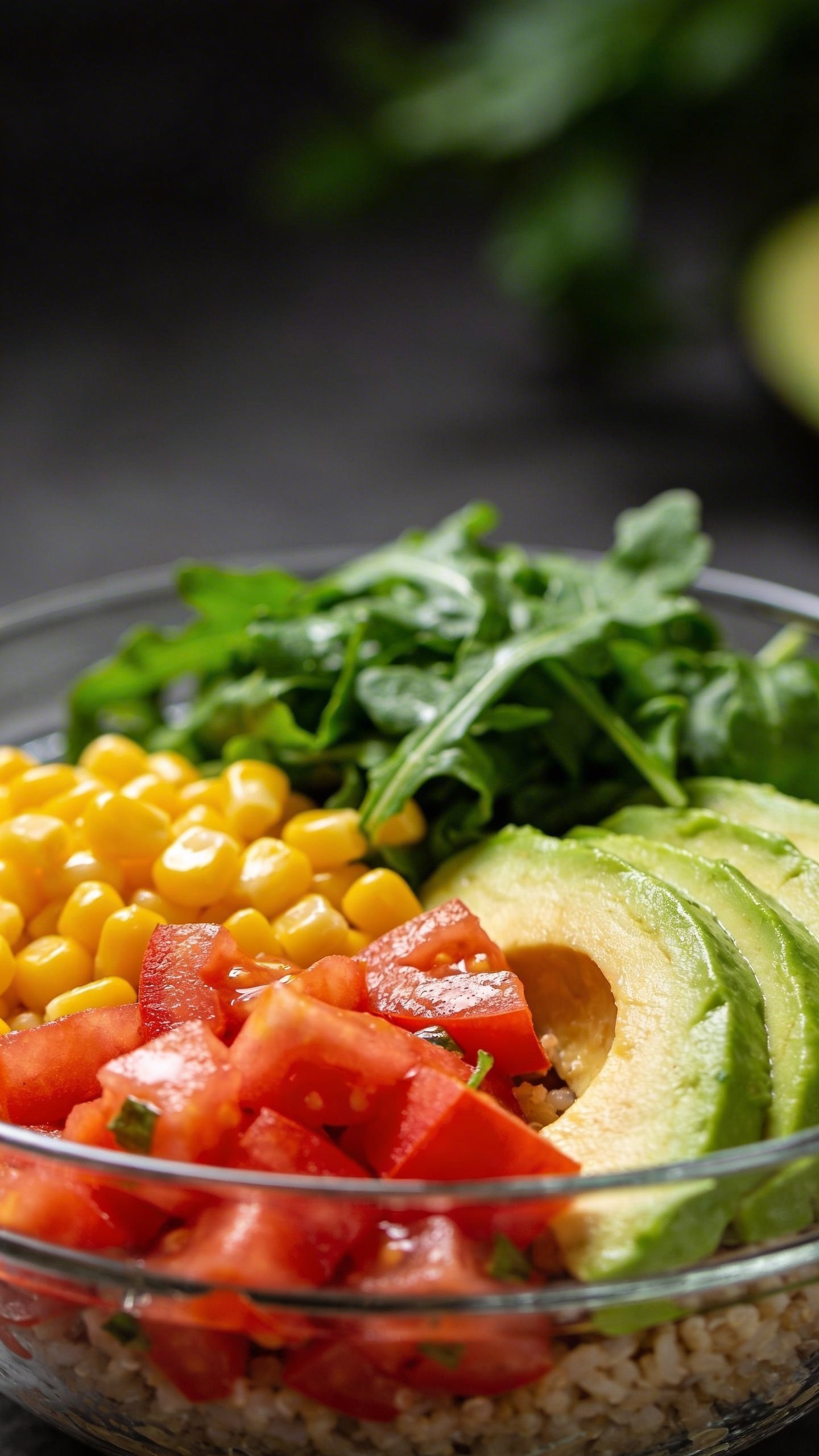 Spice Up Your Chicken Burrito Bowl Tonight 4 Closeup of colorful burrito-bowl ingredients in glass bowl, vibrant corn kernels