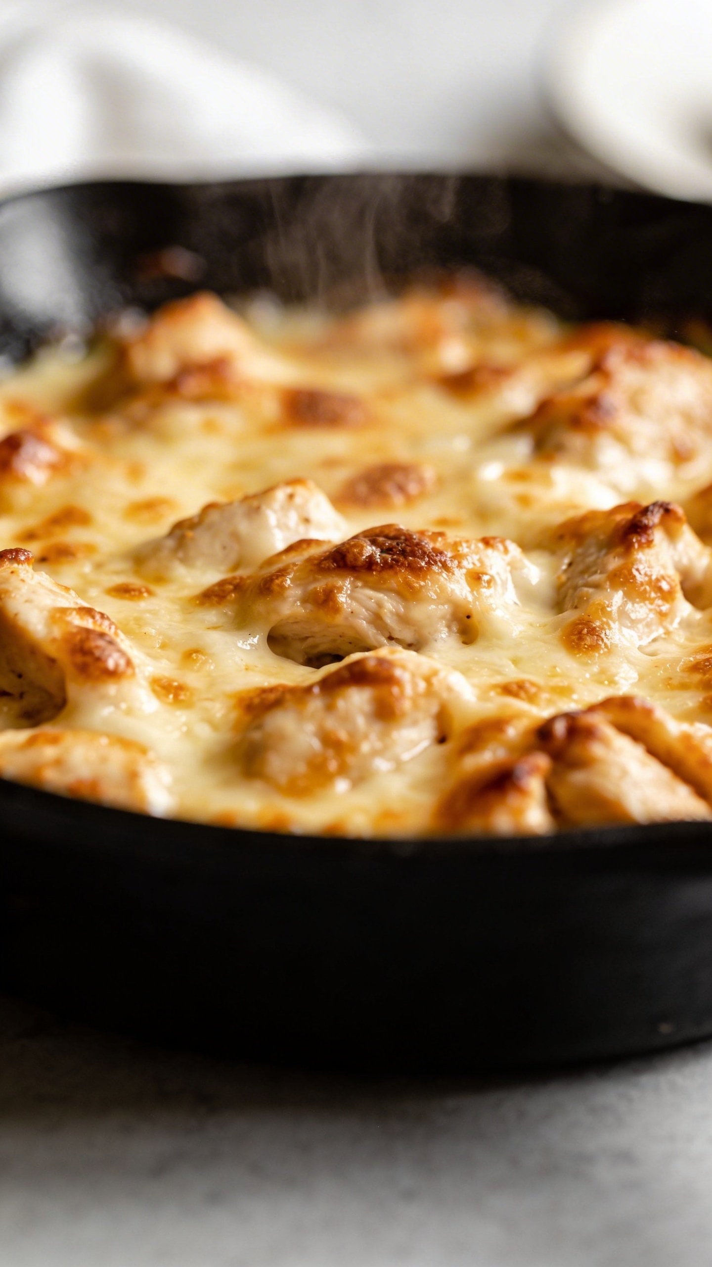 Cheesy Chicken Bake: Weeknight Comfort Hero 3 Closeup of skillet with bubbling cheesy chicken bake