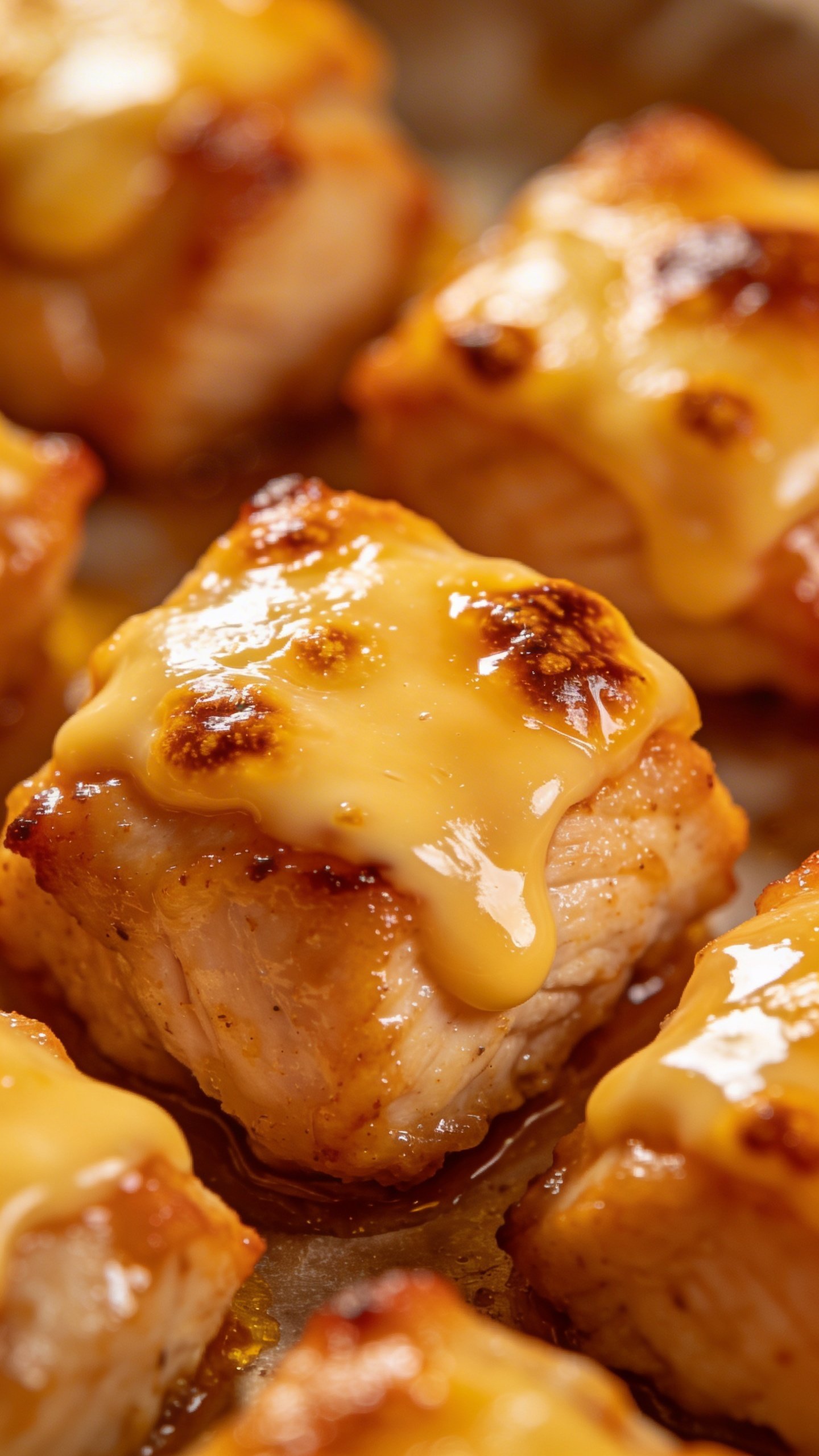 Cheesy Chicken Bake: Weeknight Comfort Hero 4 Closeup of glazed oven-baked chicken cubes with melted cheese