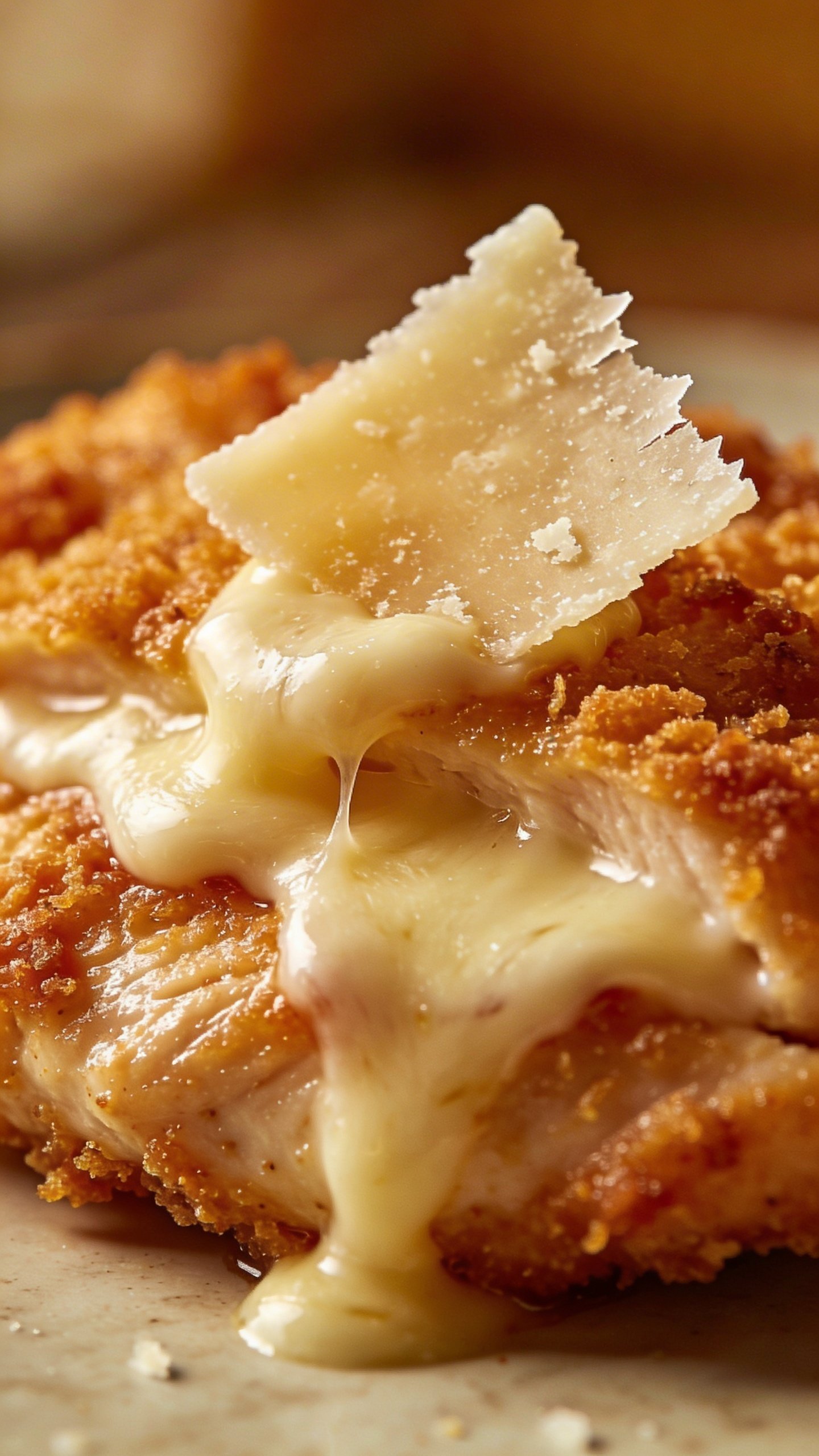 Baked Chicken Parmesan: Easy Weeknight Winner 4 Closeup of melted mozzarella atop a single chicken cutlet, parmesan flake detail