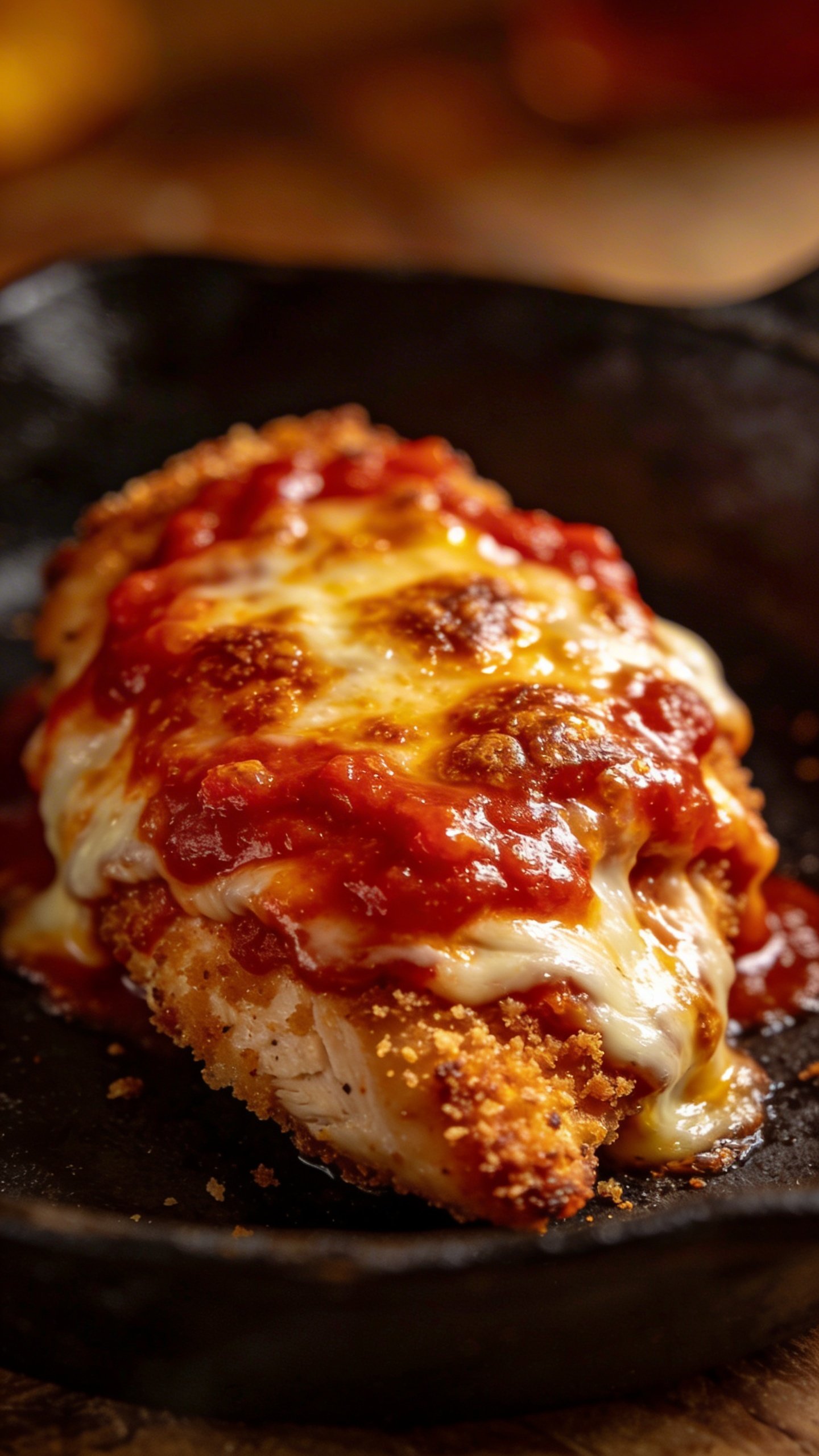 Baked Chicken Parmesan: Easy Weeknight Winner 5 Closeup of a single skillet-baked chicken parmesan half, bubbling sauce glow dominates