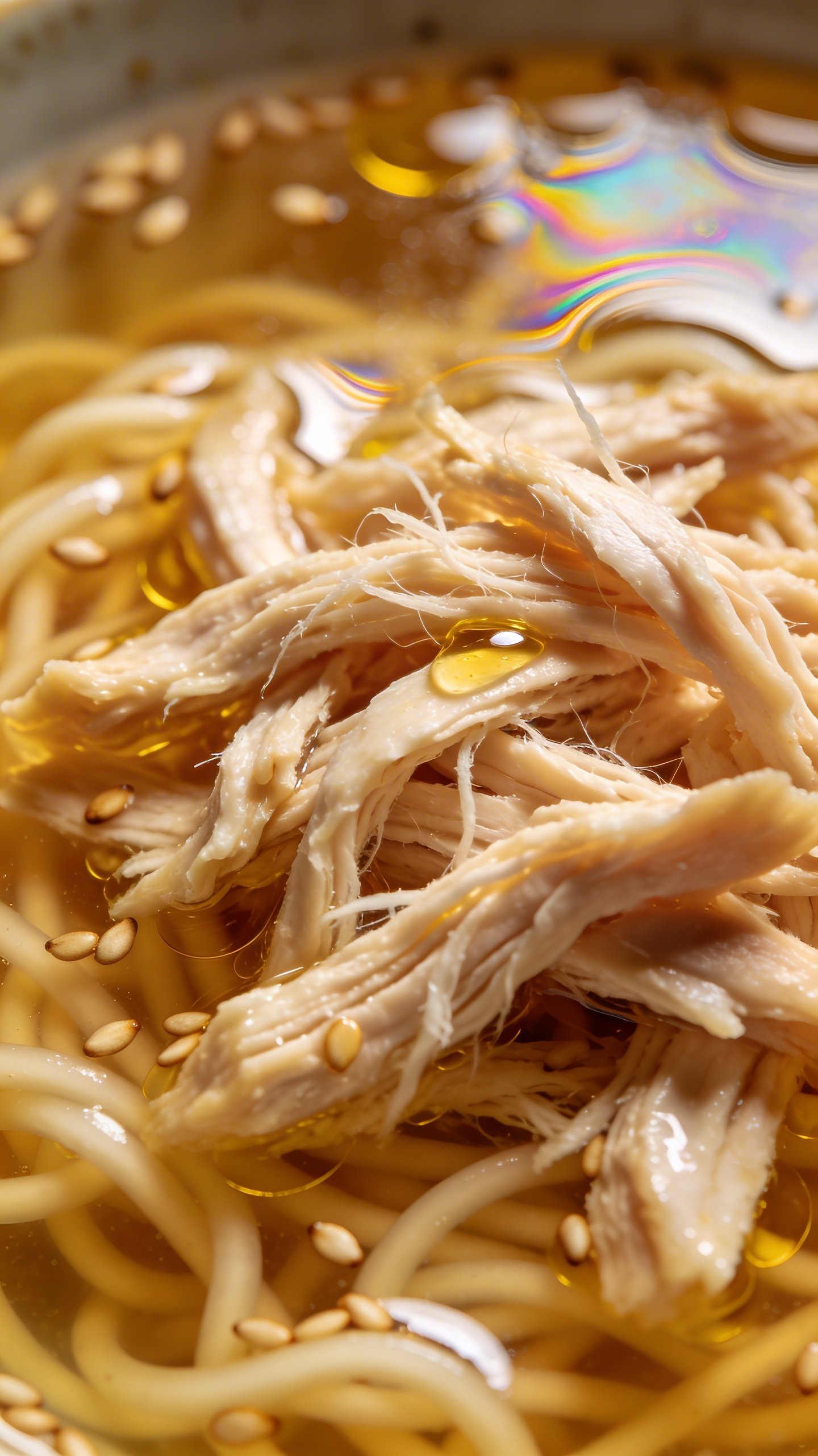 Chicken Ramen Stir Fry: Quick Weeknight Win 3 Closeup of shredded chicken in ramen broth with sesame oil drizzle