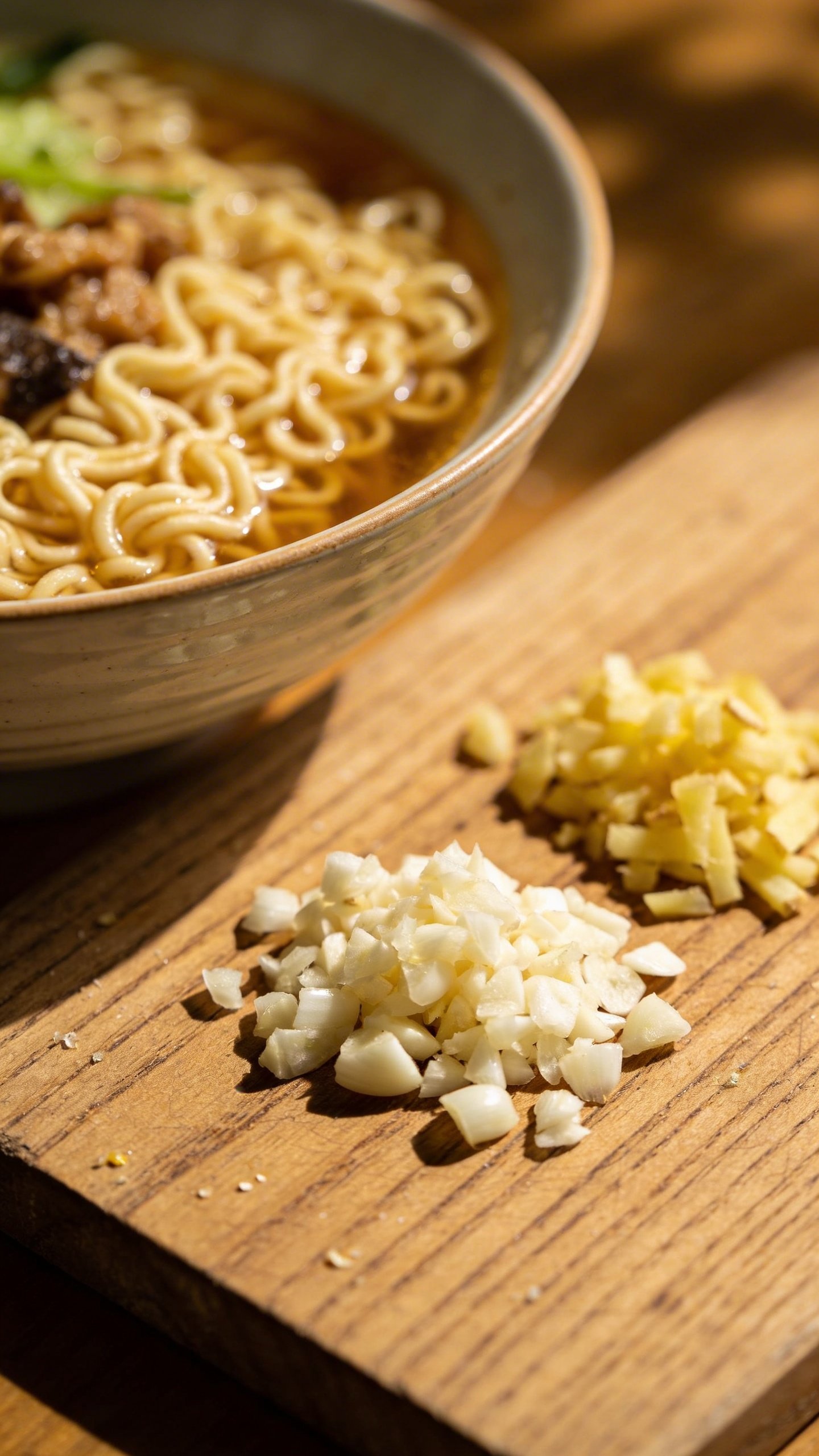 Chicken Ramen Stir Fry: Quick Weeknight Win 4 Closeup of garlic and ginger minced on wooden board beside ramen