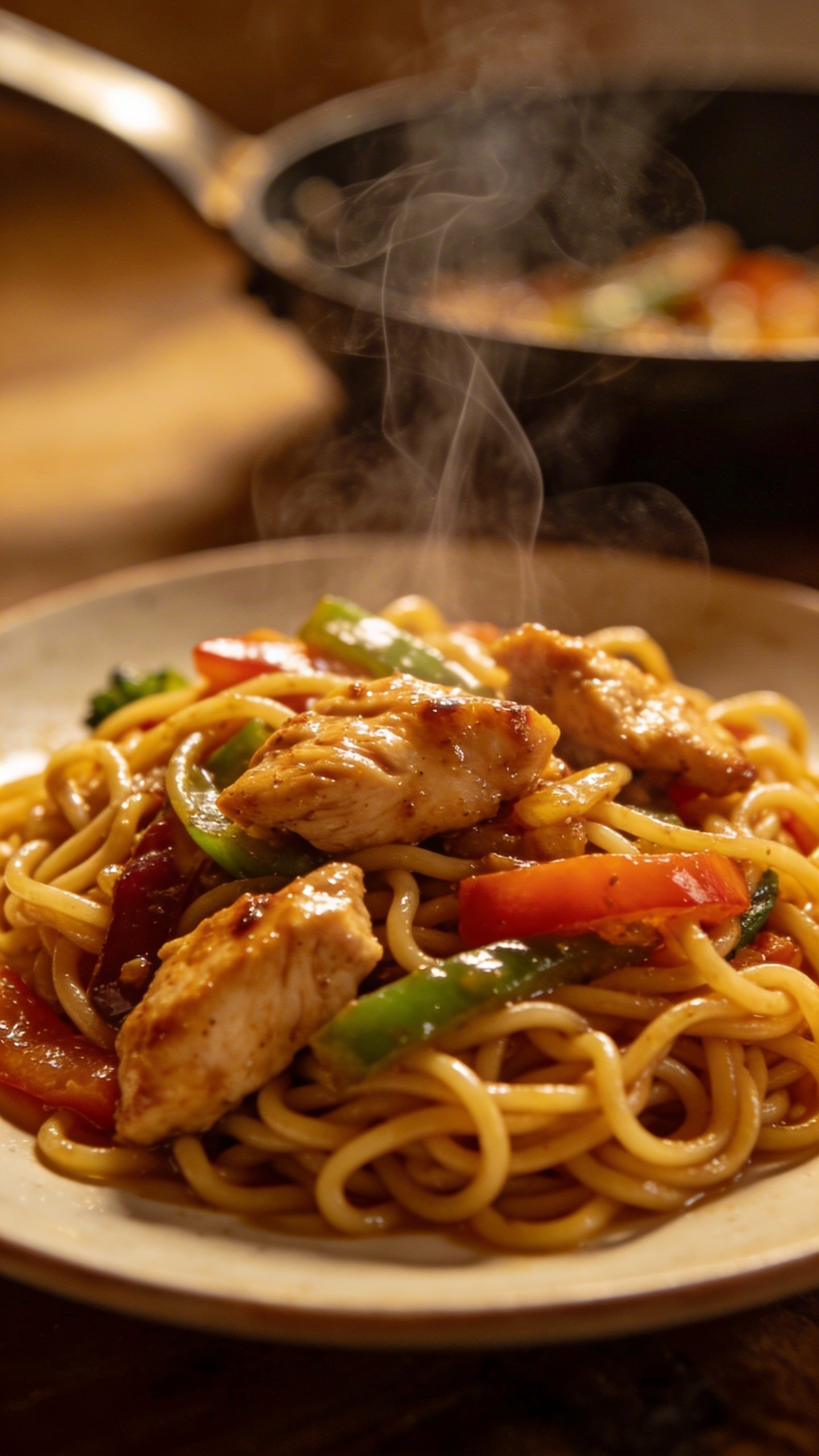 Chicken Ramen Stir Fry: Quick Weeknight Win 5 Closeup of plated chicken ramen stir fry with steam rising, single skillet edge in background