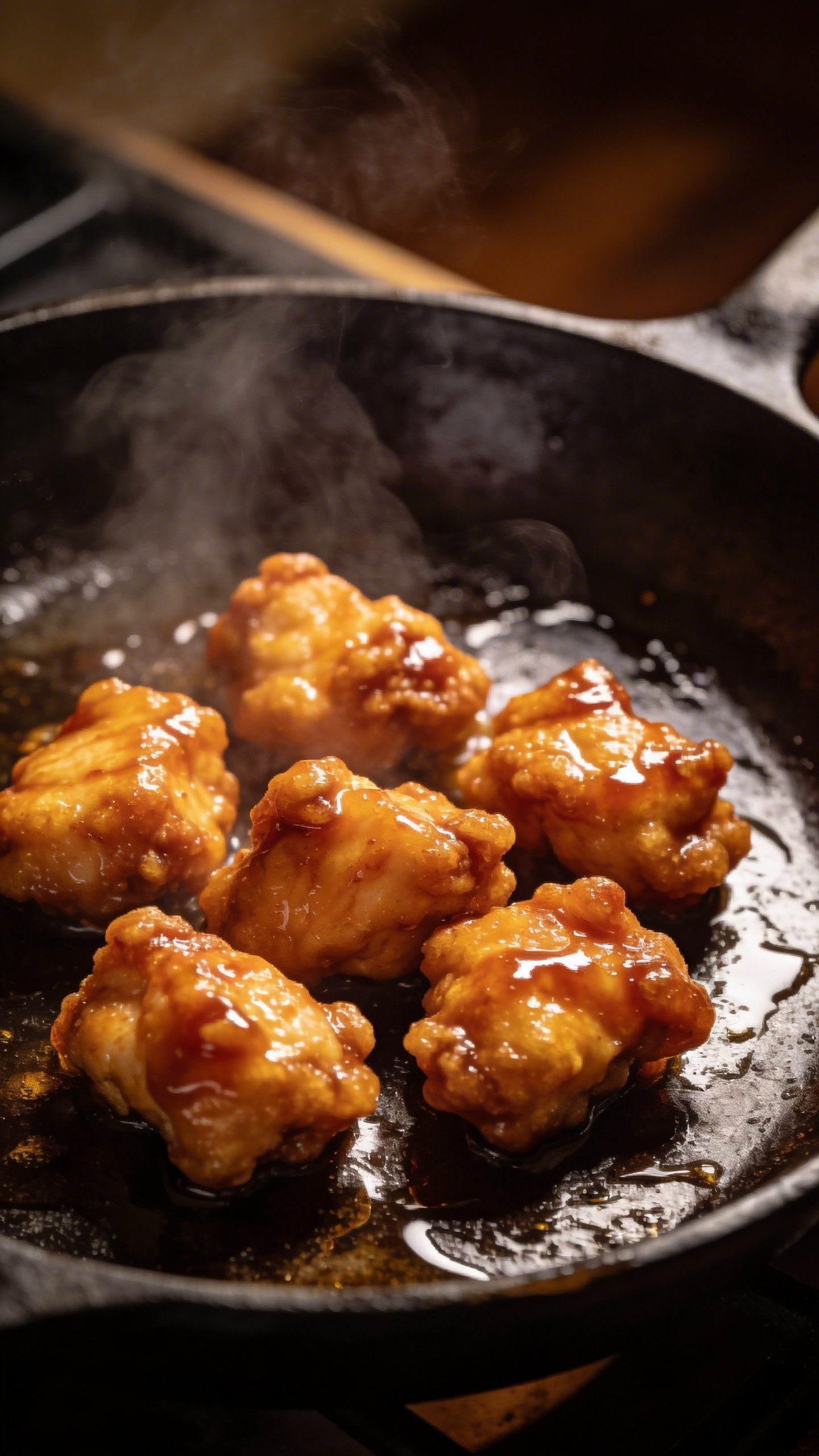 General Tso Chicken: Crispy, Bold, Foolproof Weeknight Win 3 Closeup of crispy General Tso chicken bite on sizzling skillet