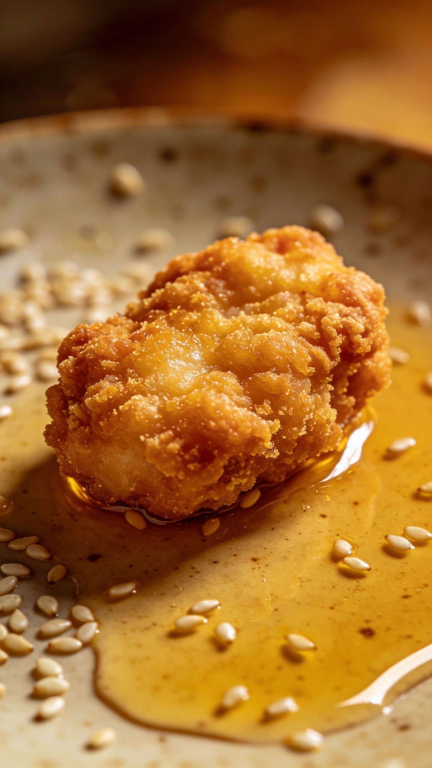 General Tso Chicken: Crispy, Bold, Foolproof Weeknight Win 5 Closeup of sesame oil-dusted plate with one perfectly fried chicken nugget
