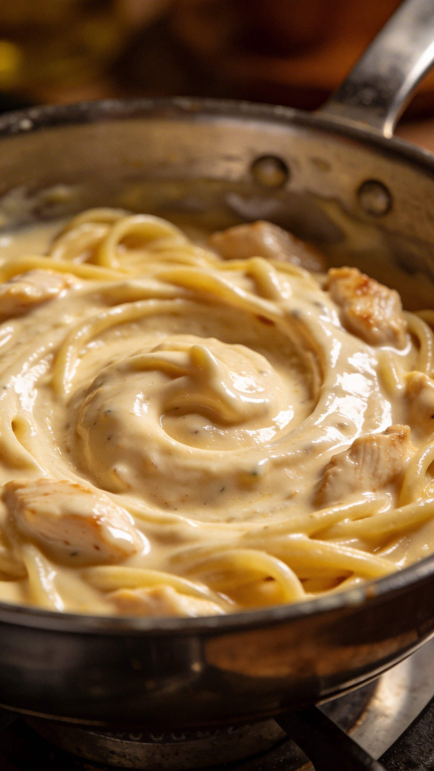Creamy Chicken Alfredo: Cozy Weeknight Comfort in a Bowl 3 closeup of creamy chicken Alfredo sauce swirl in pan