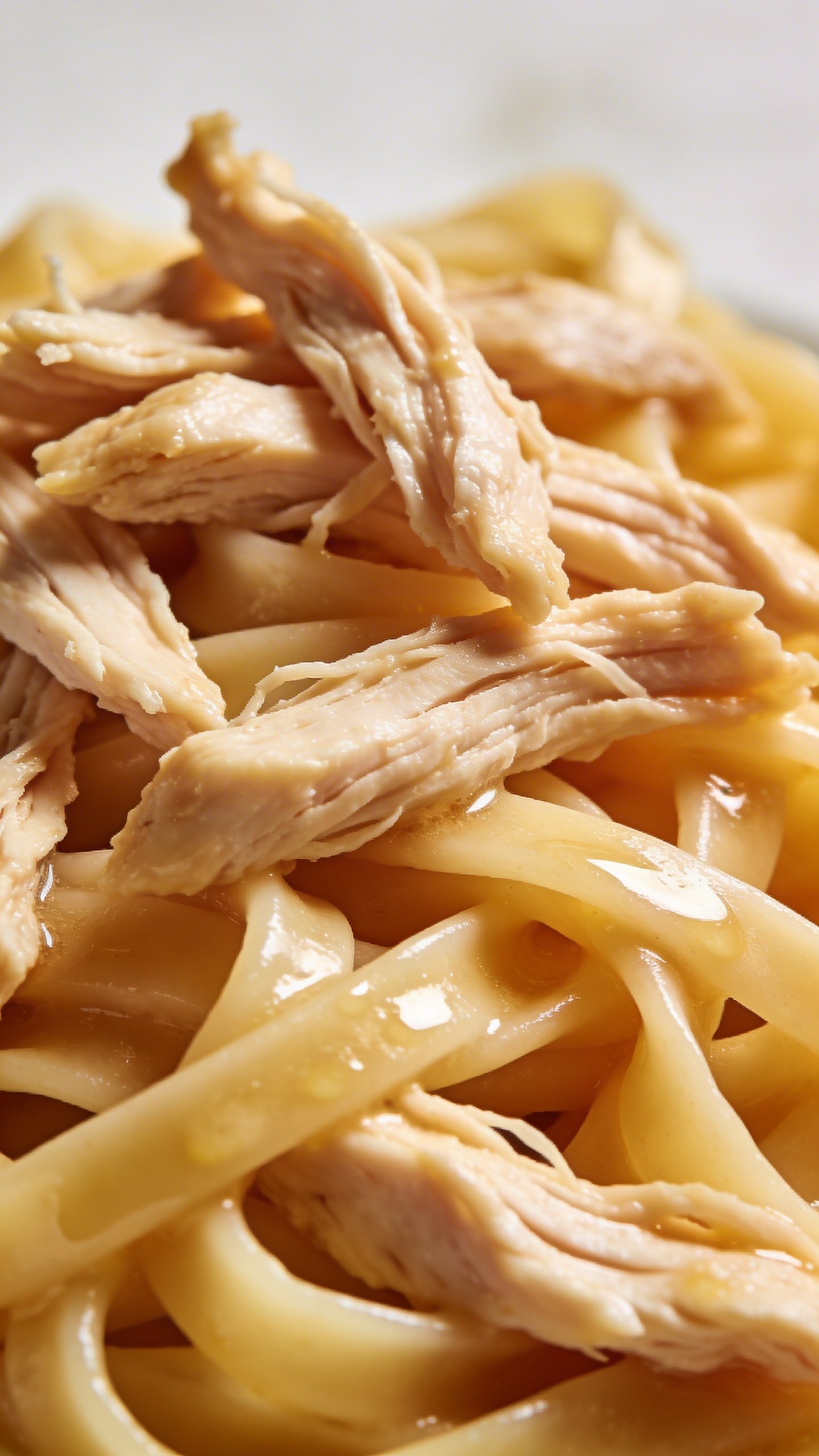 Creamy Chicken Alfredo: Cozy Weeknight Comfort in a Bowl 4 closeup of shredded chicken atop glossy fettuccine