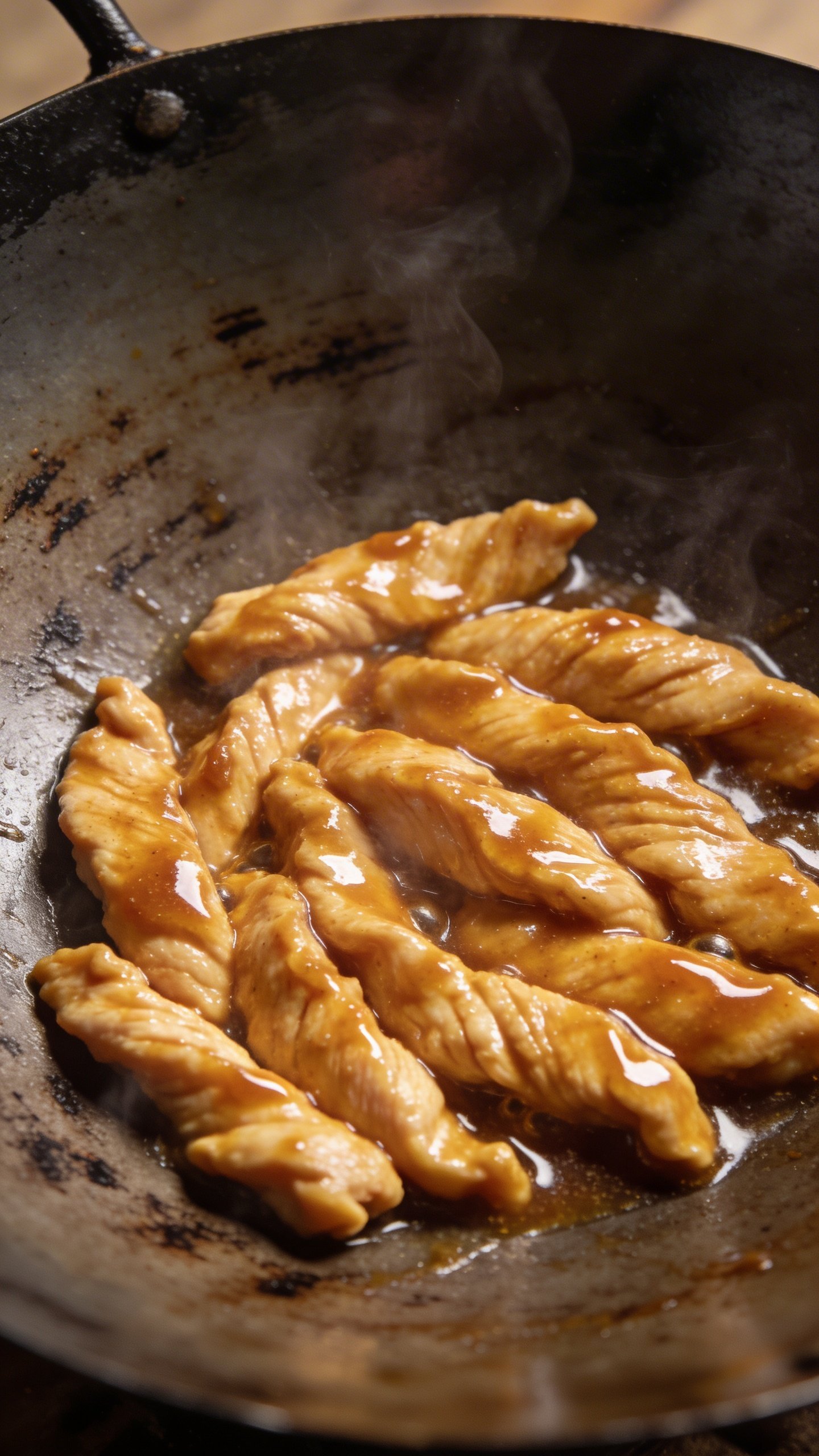 Sizzle Up Chicken Stir Fry Noodles Tonight 3 Closeup of sizzling chicken strips in wok with glossy sauce
