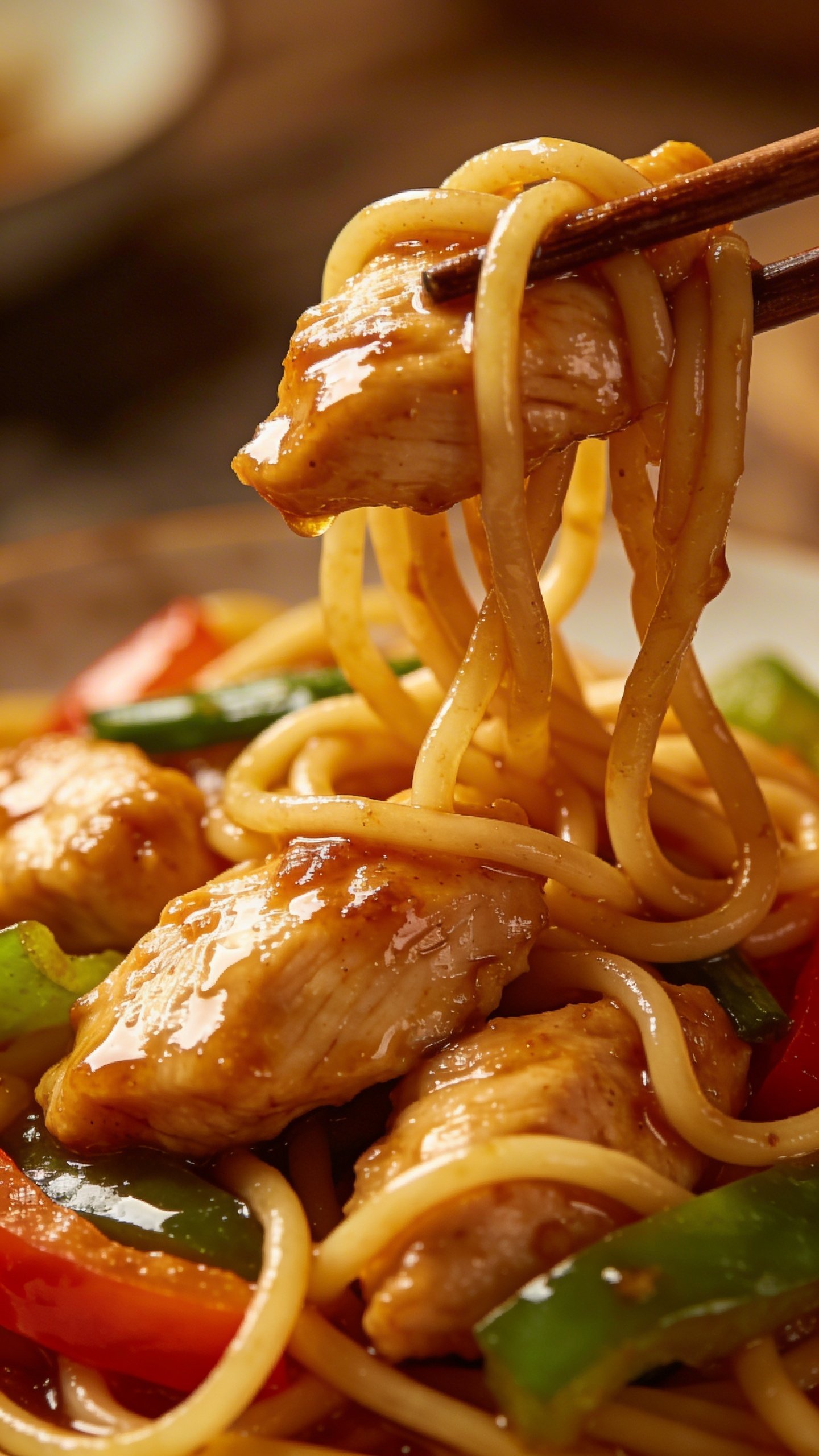 Sizzle Up Chicken Stir Fry Noodles Tonight 5 Closeup of noodles clinging to a glossy chicken stir fry dish