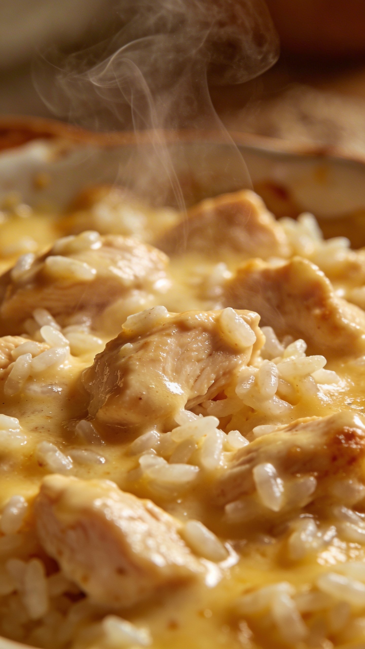 Creamy Perfection in a Chicken and Rice Casserole Bake 3 closeup of creamy chicken and rice casserole steam rising